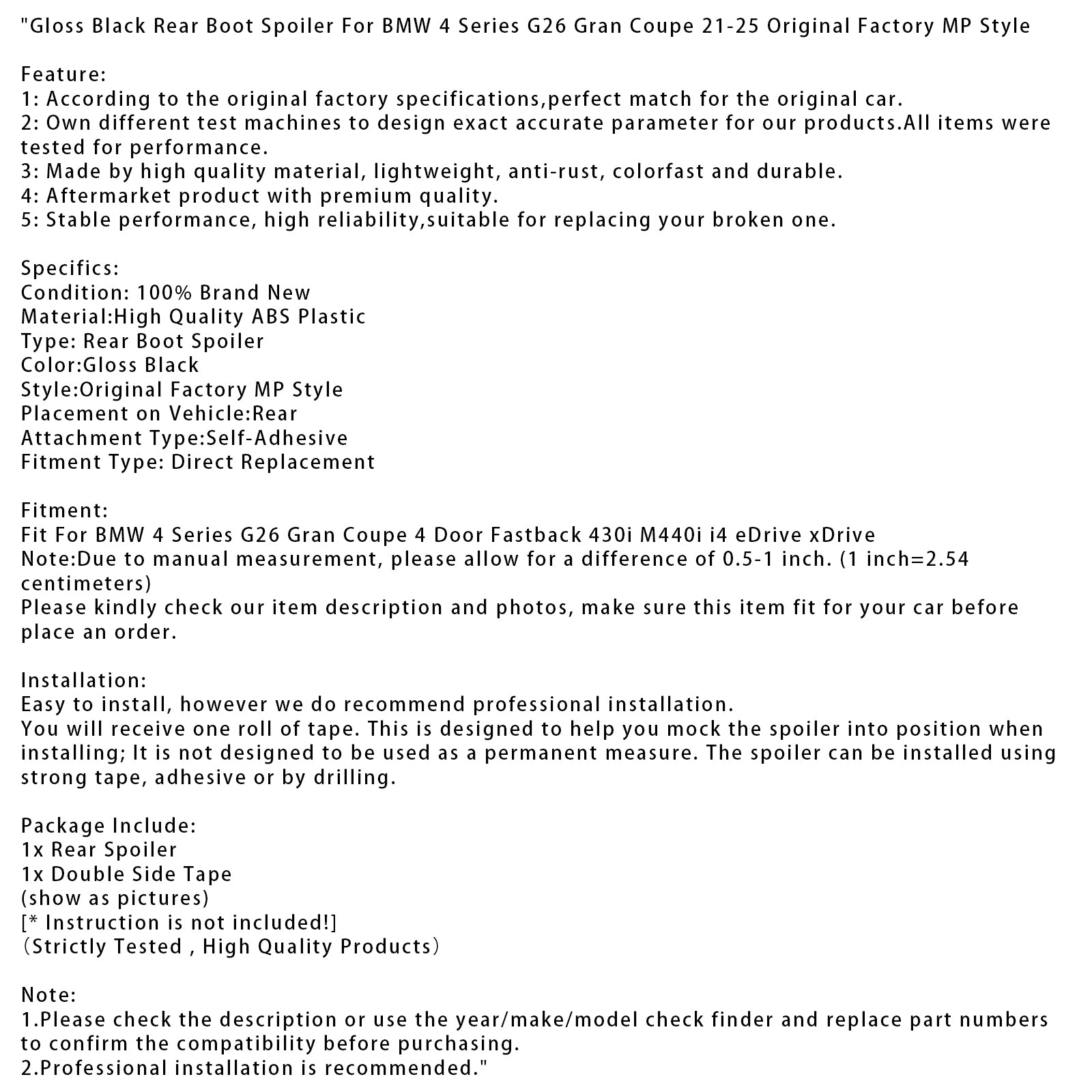 Sijajno črn zadnji spojler prtljažnika za BMW serije 4 G26 Gran Coupe 2021-2025, original MP style