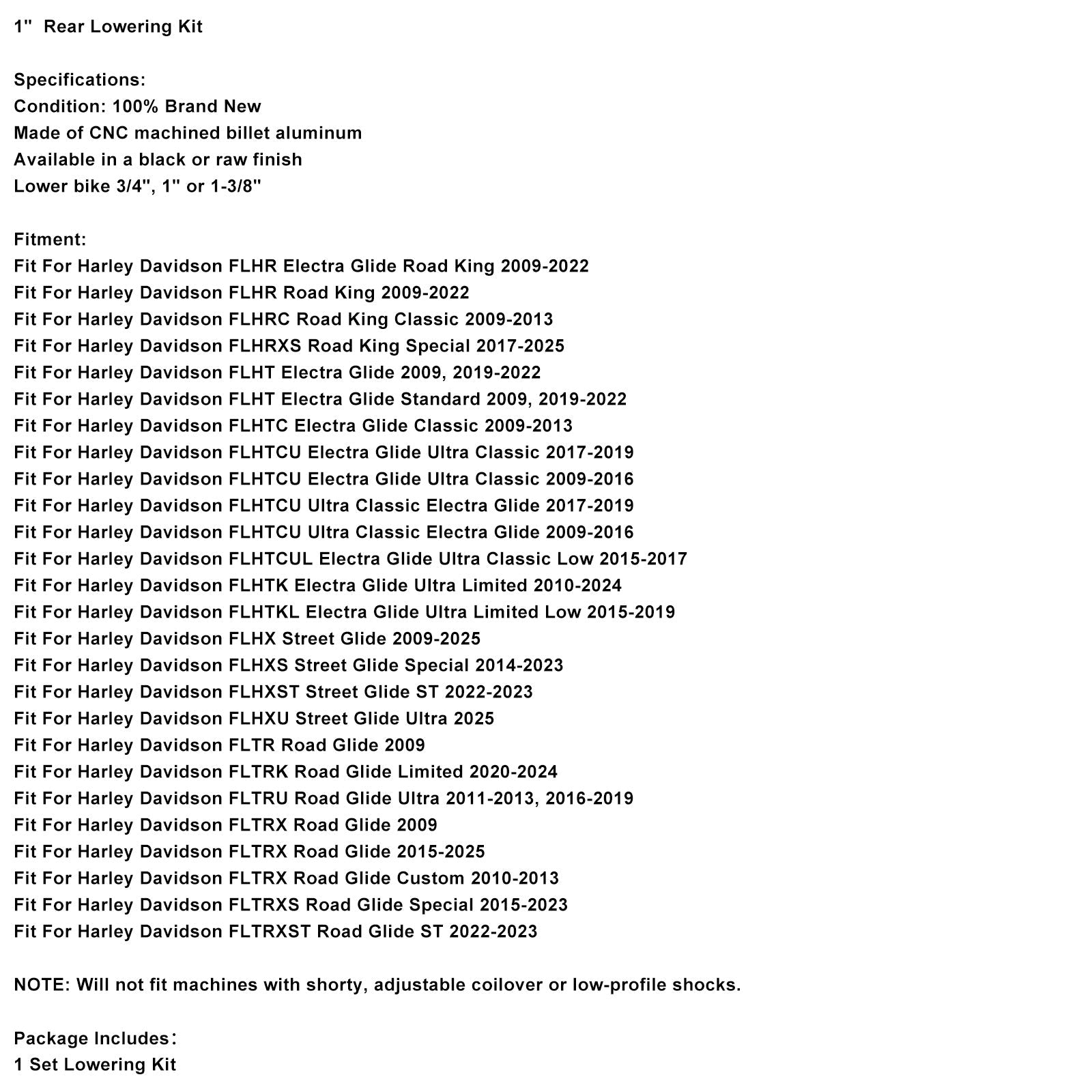 Kit d'abaissement arrière de 1 pouce compatible avec les modèles Touring FLHX, FLHR et FLHT Electra Glide (2009-2025)