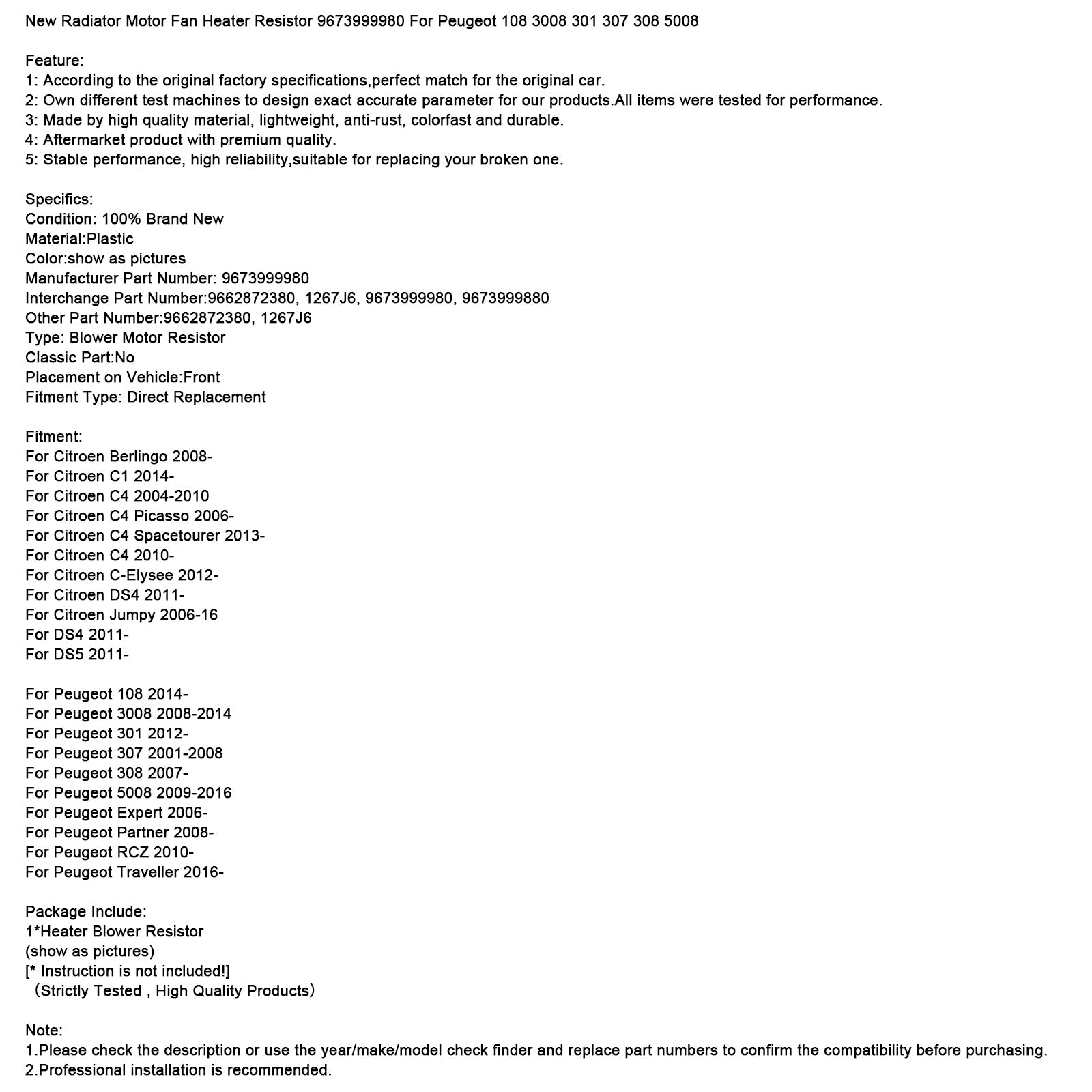 Résistance de ventilateur de radiateur 9673999980 pour Peugeot 108 3008