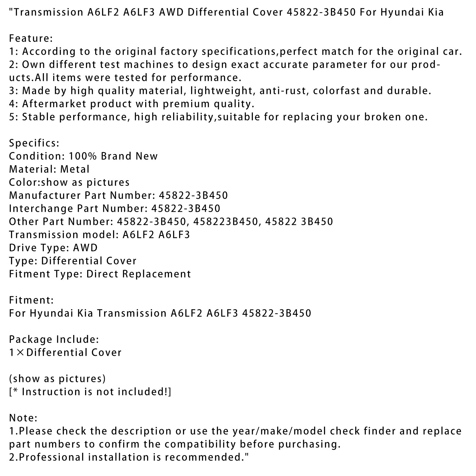 Couvercle de différentiel de transmission AWD Hyundai Kia 45822-3B450 A6LF2 A6LF3