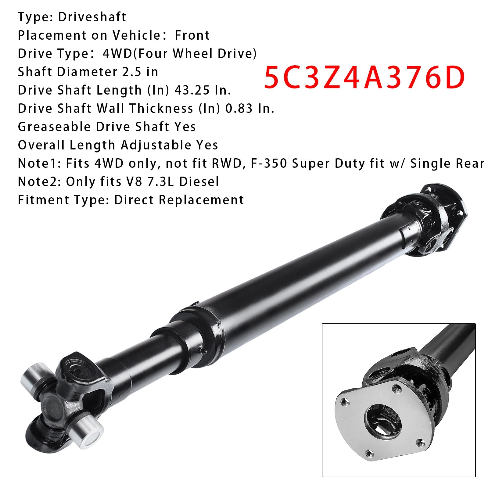 Ensemble d'arbre de transmission avant 5C3Z4A376D pour Ford F-250 F-350 Super Duty 4x4 V8 7,3 L