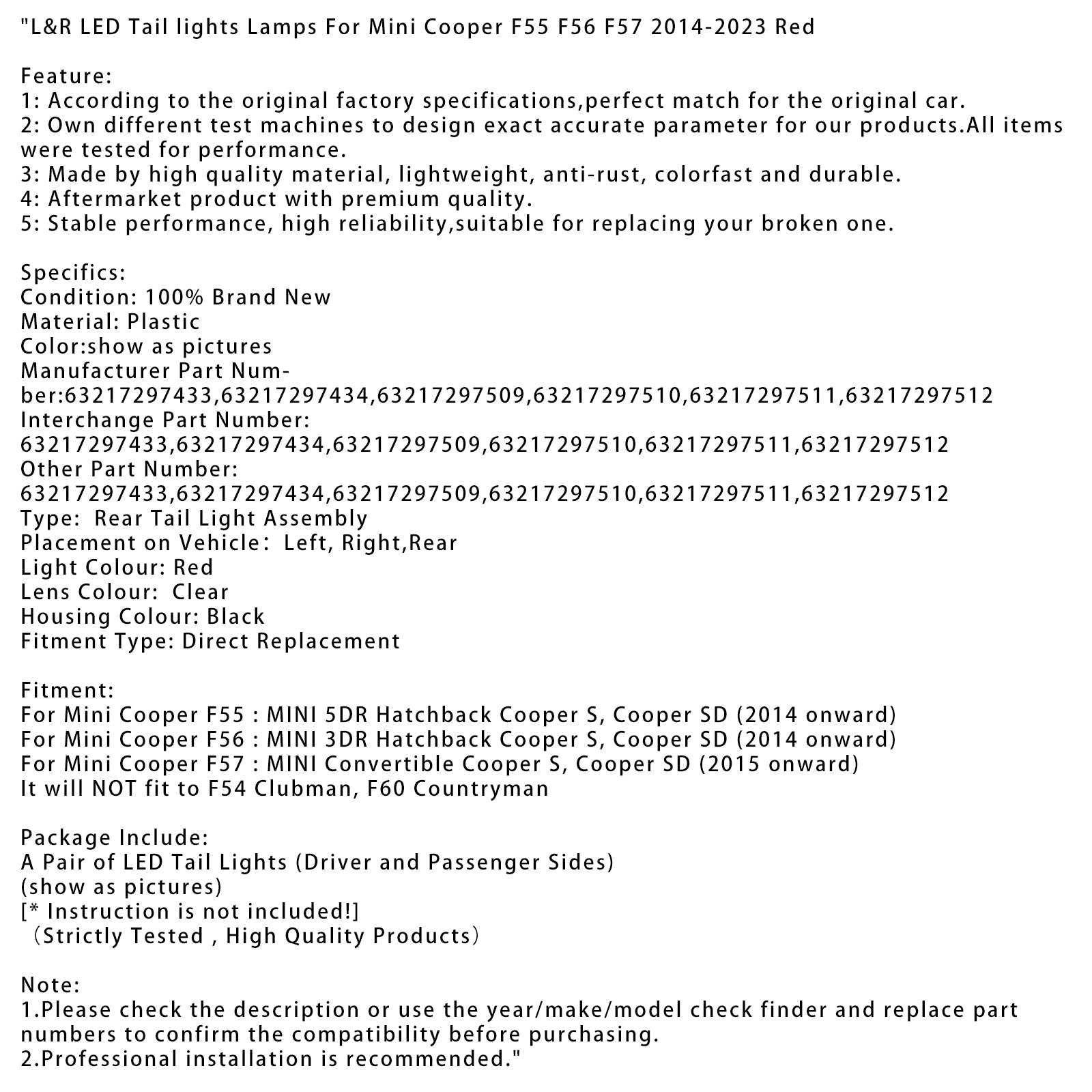 Luce posteriore a LED L&R per Mini Cooper F55 F56 F57 2014-2023 Red