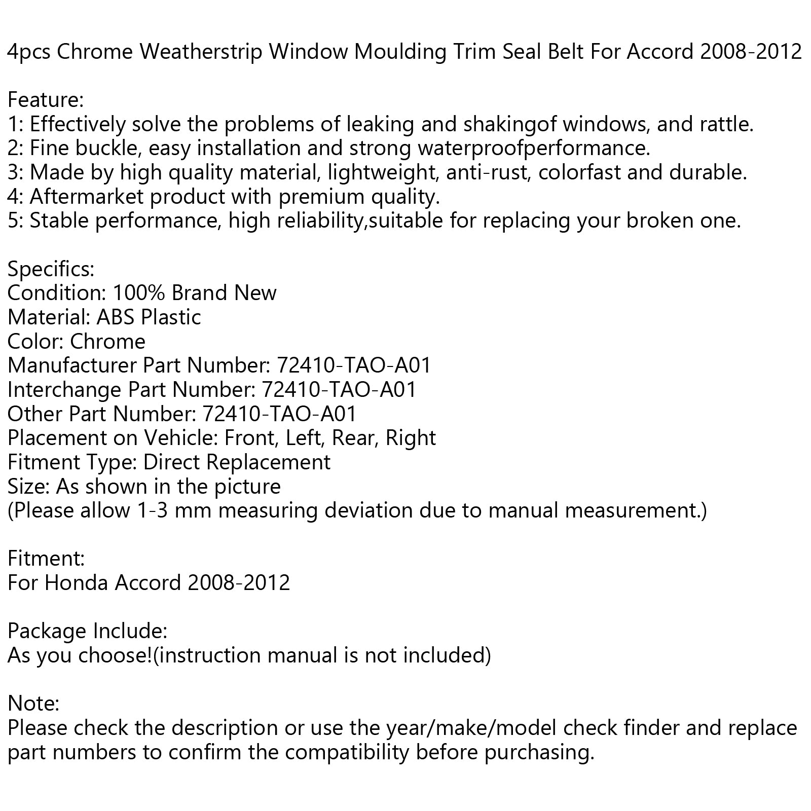 Sigillo della porta cromata per accordo Honda 2008-2012, 4 pezzi