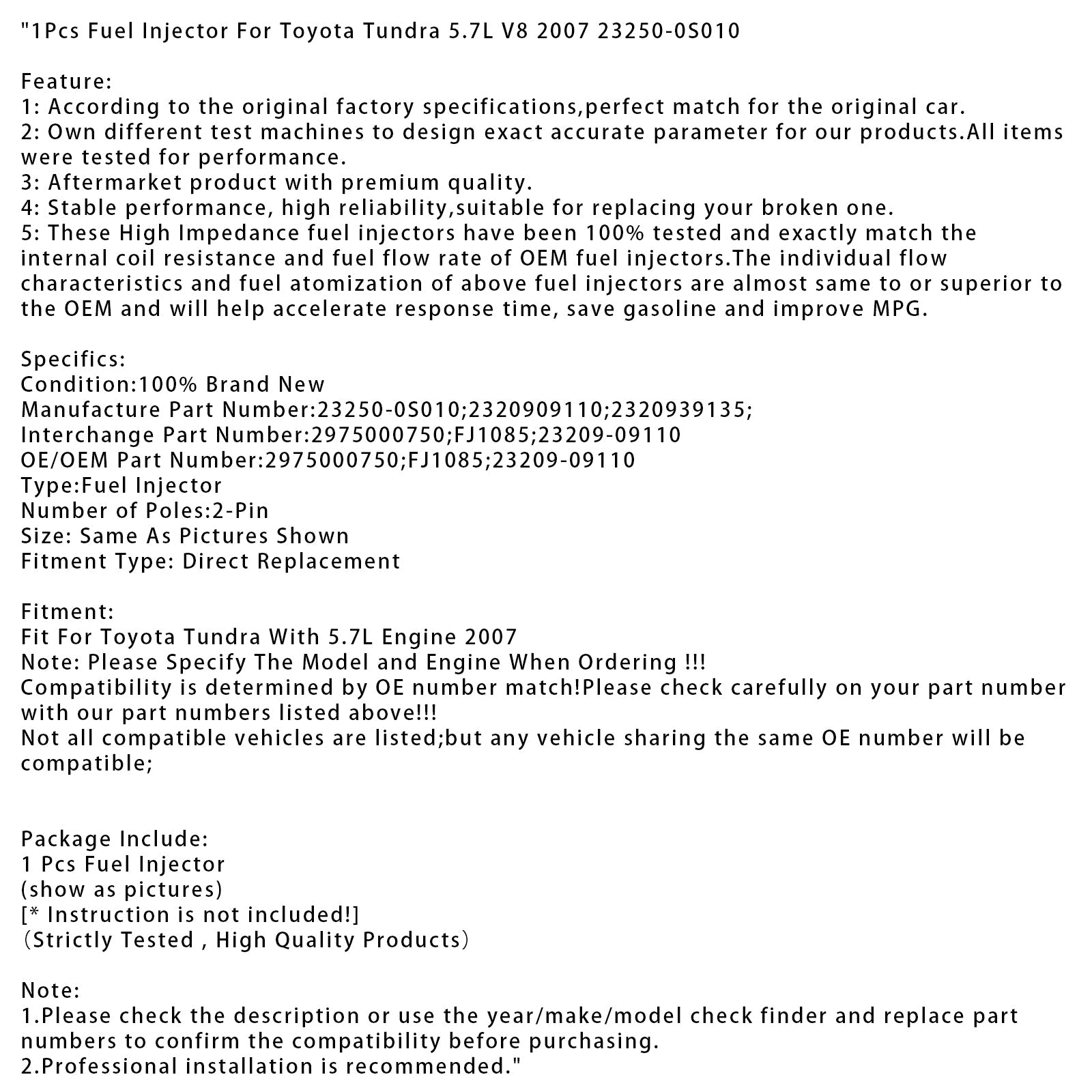 Injecteur de carburant (1 pièce) pour Toyota Tundra 5.7L V8 2007, référence 23250-0S010