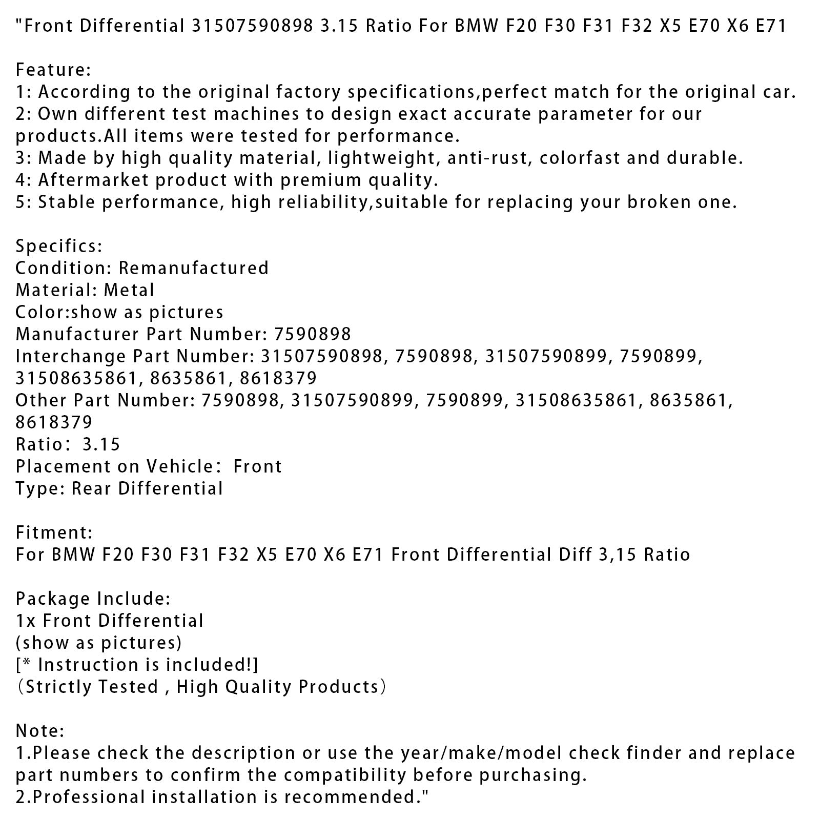 Przedni mechanizm różnicowy BMW F20 F30 F31 F32 X5 E70 X6 E71 31507590898 Przełożenie 3,15 7590898 31507590898