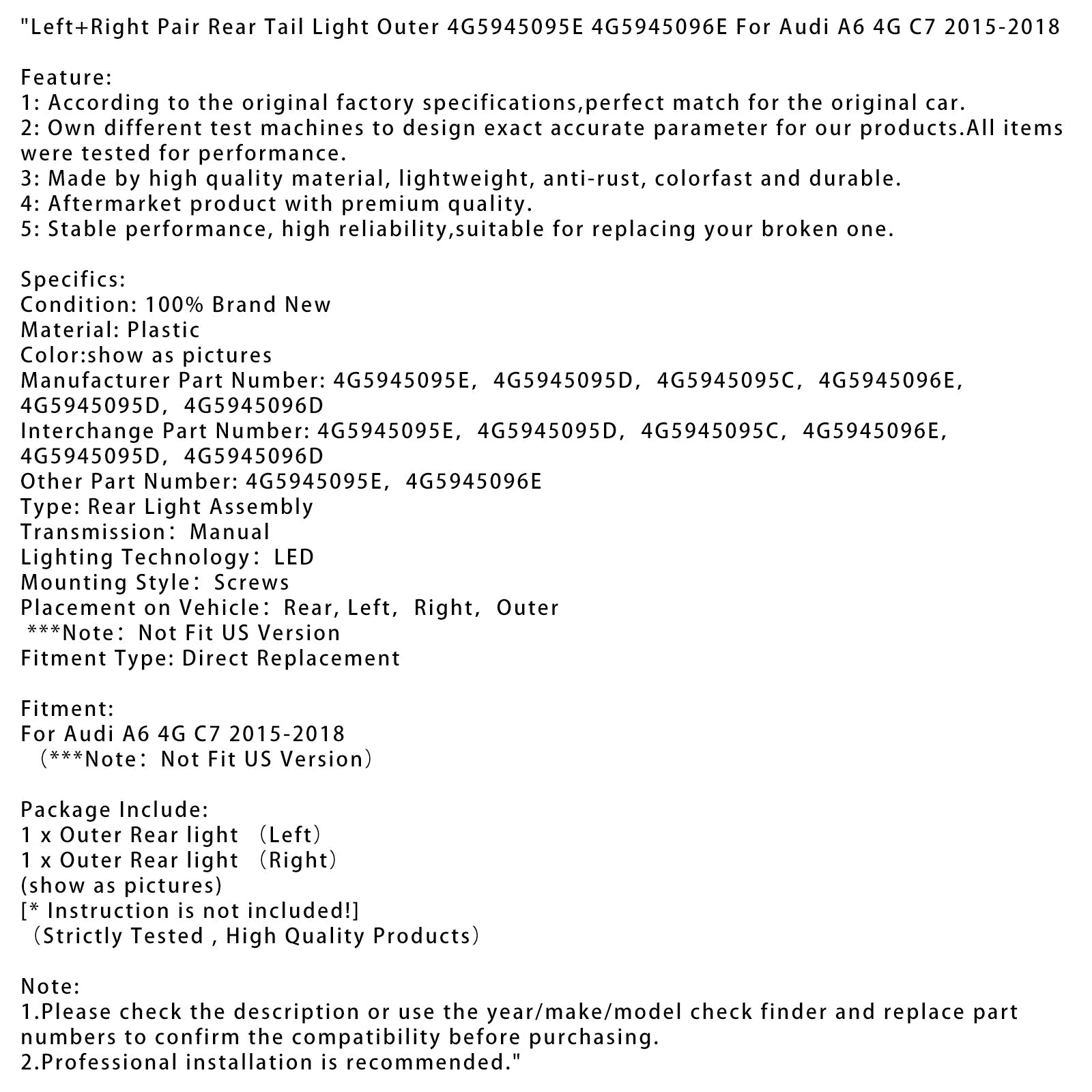 Paire de feux arrière extérieurs gauche et droit pour Audi A6 4G C7 2015-2018 4G5945095E 96E