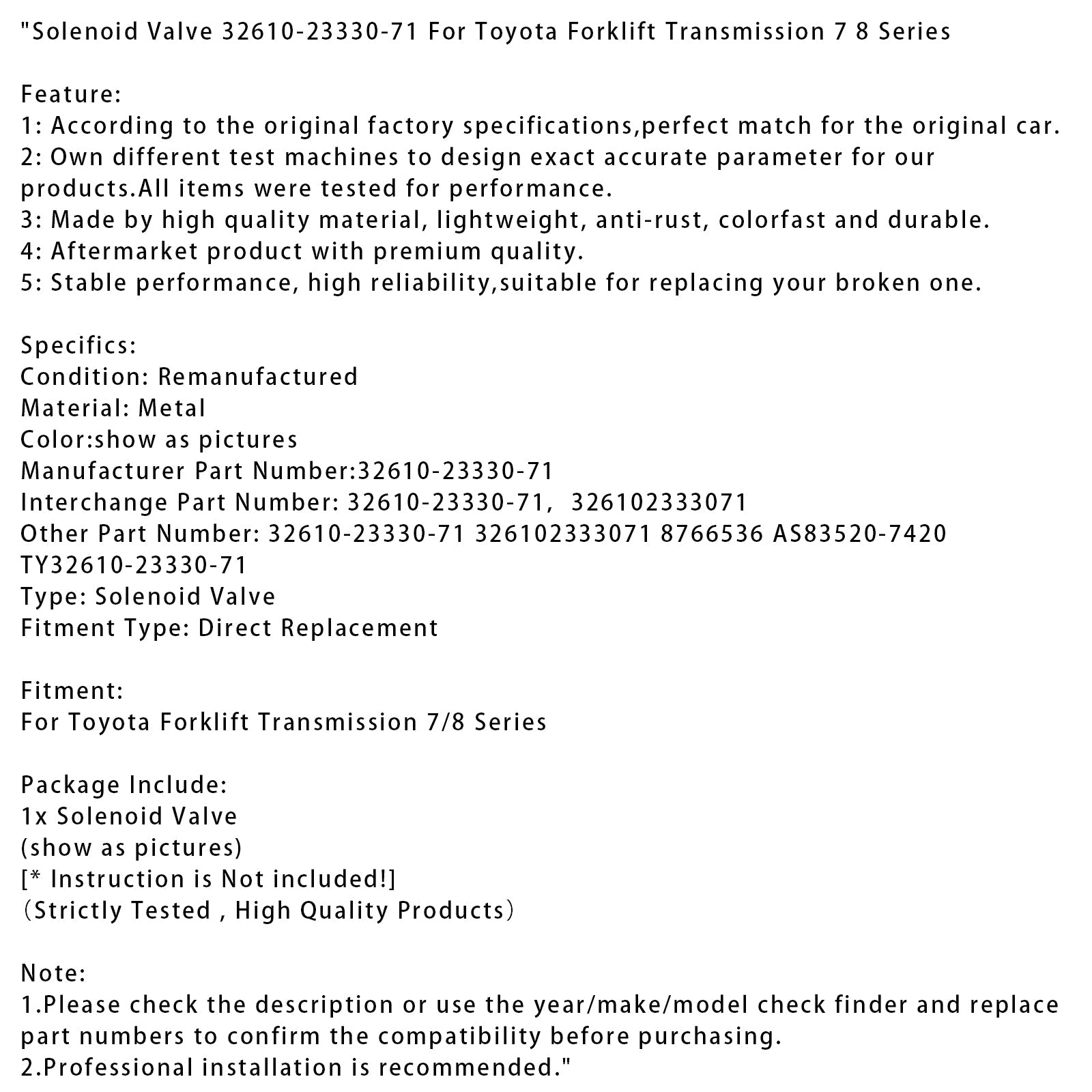Électrovanne 32610-23330-71 pour transmission de chariot élévateur Toyota séries 7 et 8