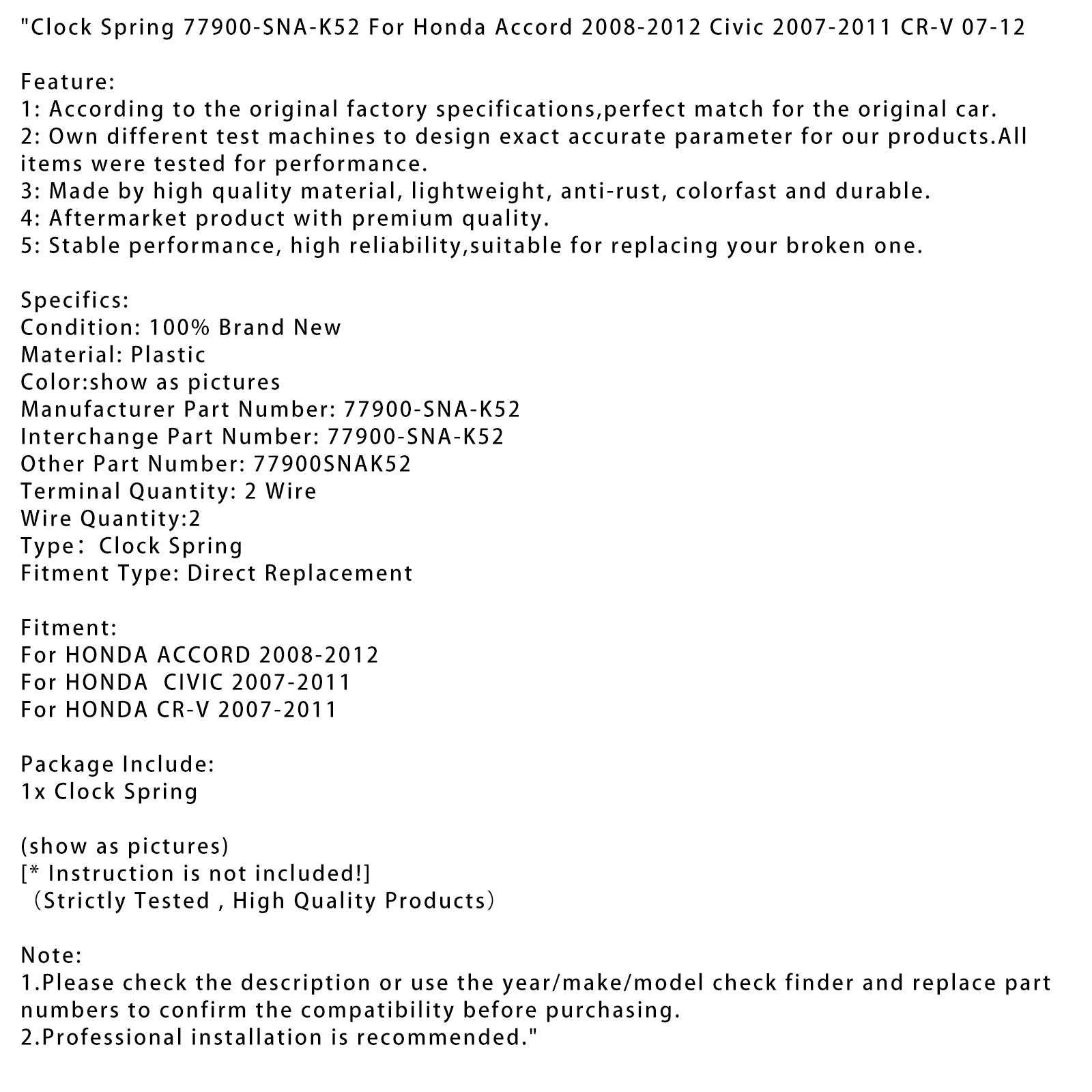 Sprężyna zegarowa 77900-SNA-K52 dla Honda Poranin 2008-2012 Civic 2007-2011 CR-V 07-12