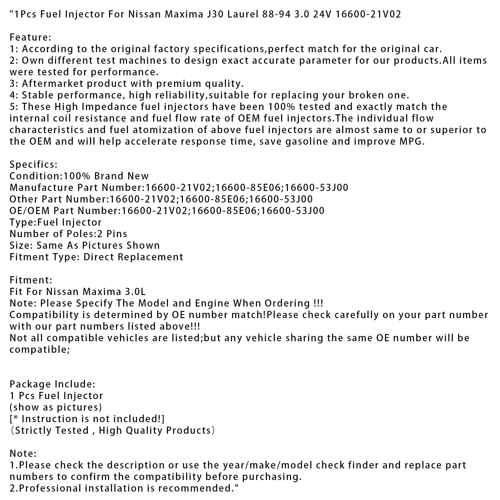 Injecteur de carburant 1 pièce 16600-21V02 pour Nissan Maxima J30 Laurel 3.0 24V (1988-1994)