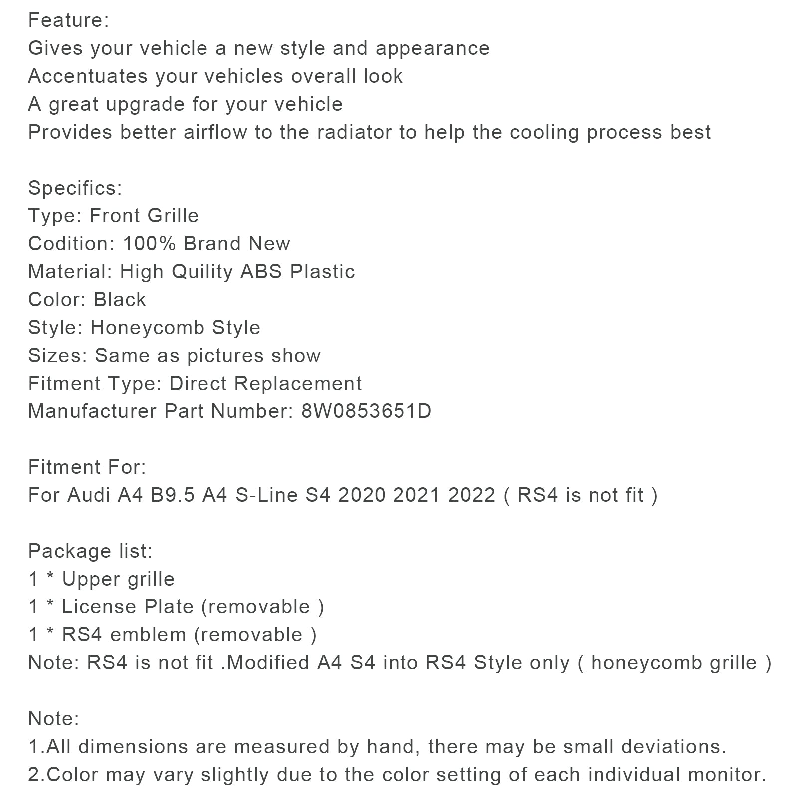 Parrilla de parachoques delantero estilo RS4 8W0853651D para Audi A4 S4 B9.5 2020-2022
