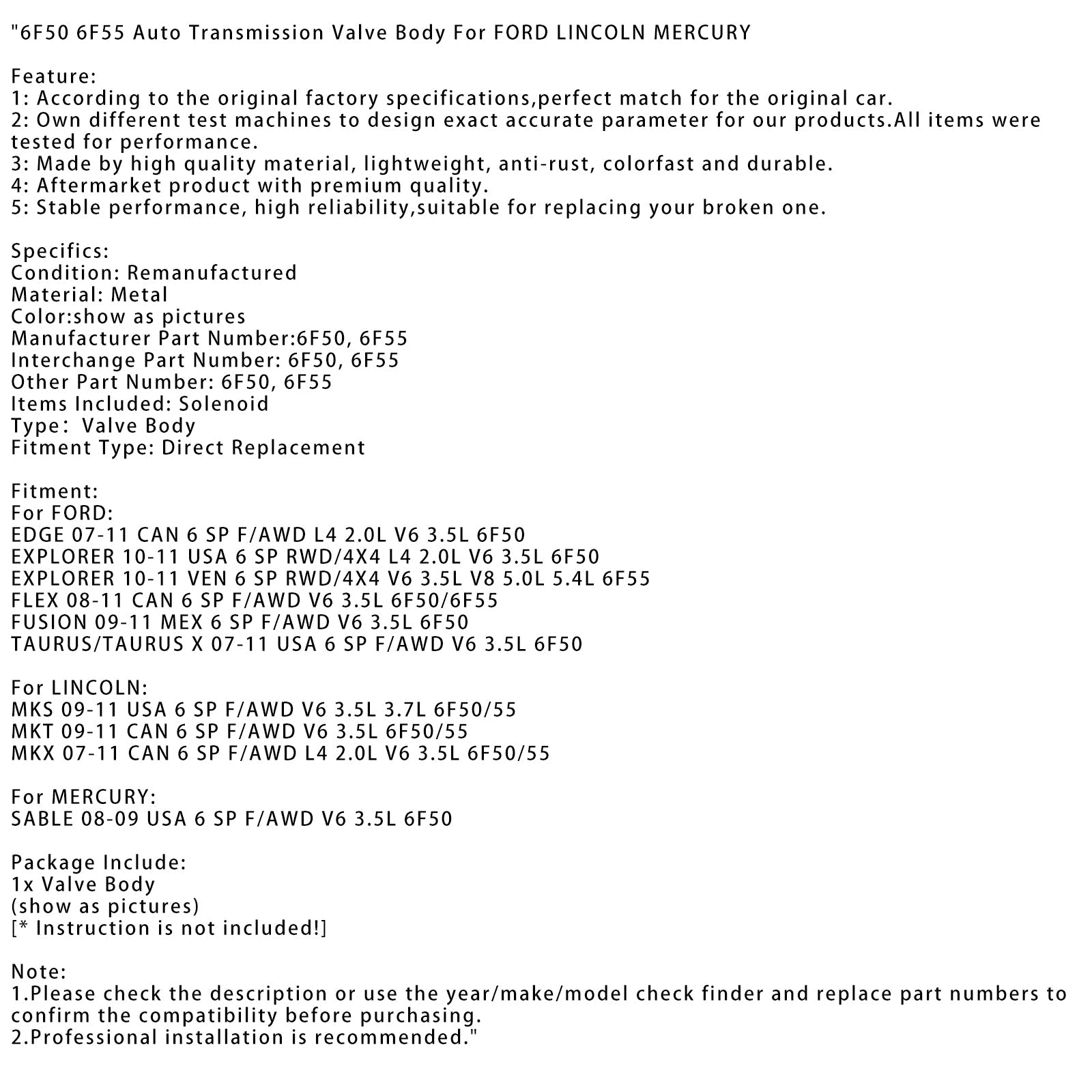 Corps de soupape de transmission automatique à 6 vitesses Lincoln MKS USA 2009-2011 6 SP F/AWD V6 3,5 L 3,7 L 6F50/55