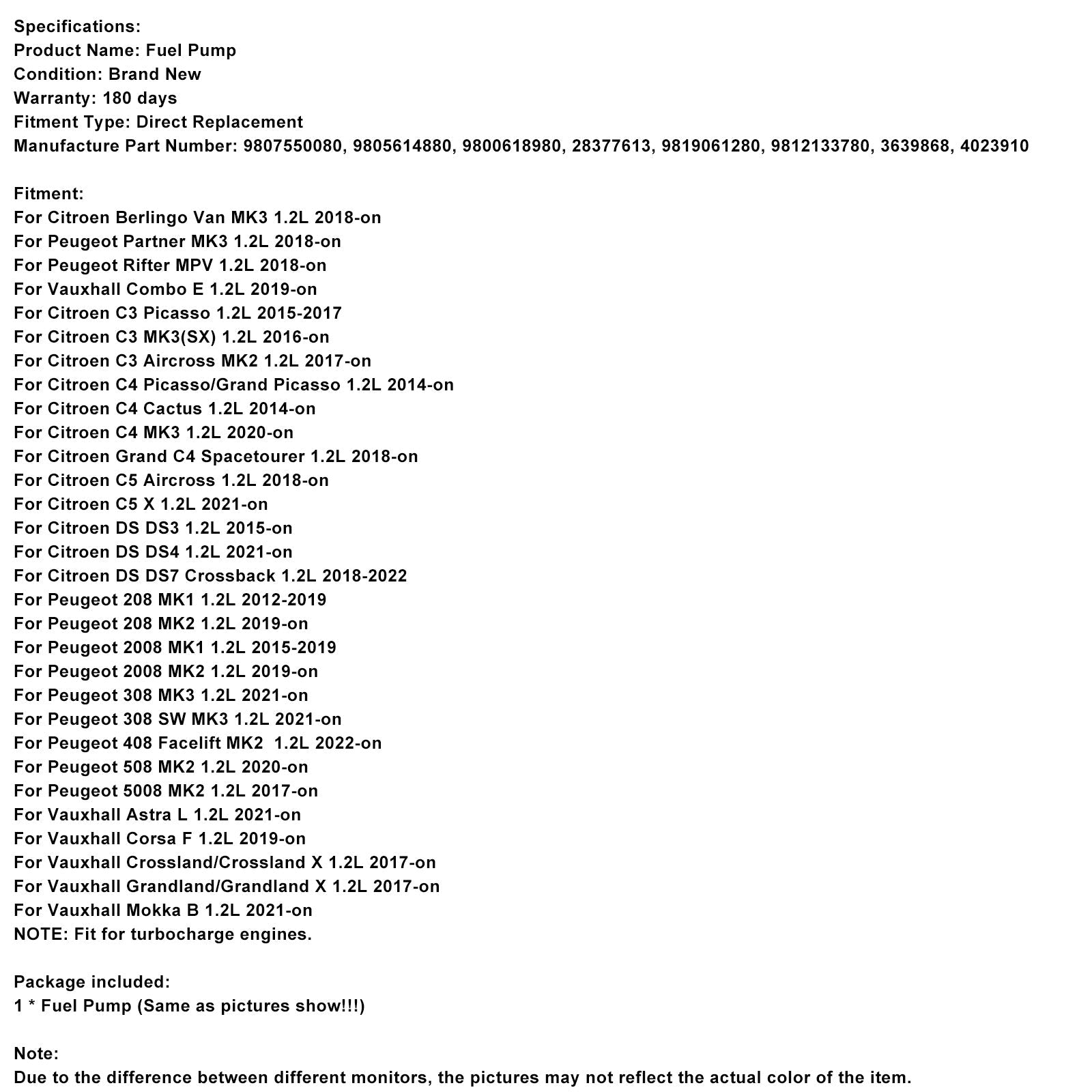 Hogedruk benzine-injectiepomp 9807550080 compatibel Peugeot 208 en 308, compatibel Citroën C4
