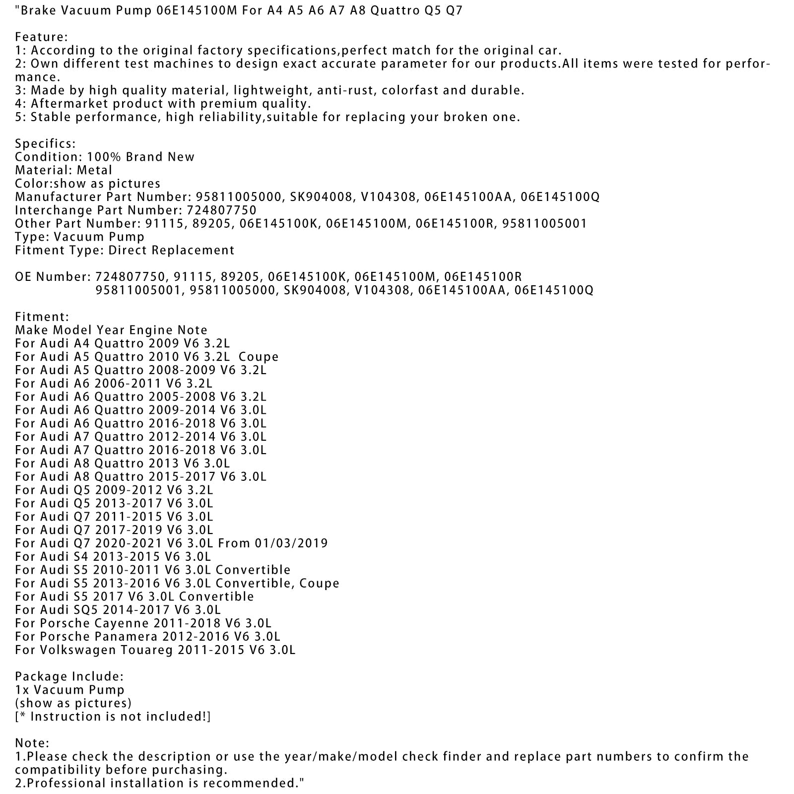 Audi Q7 V6 3.0L 2020-2021 od 03.01.2019 Pompa podciśnienia hamulca 06E145100M