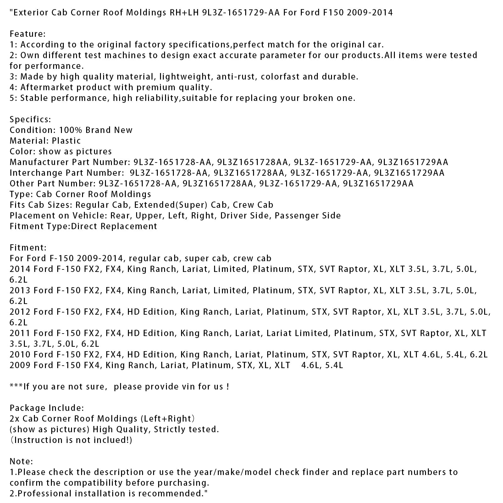 Listwy dachowe&Lewy i prawy zewnętrzny narożnik kabiny 9L3Z-1651729-AA do Forda F150 2009-2014