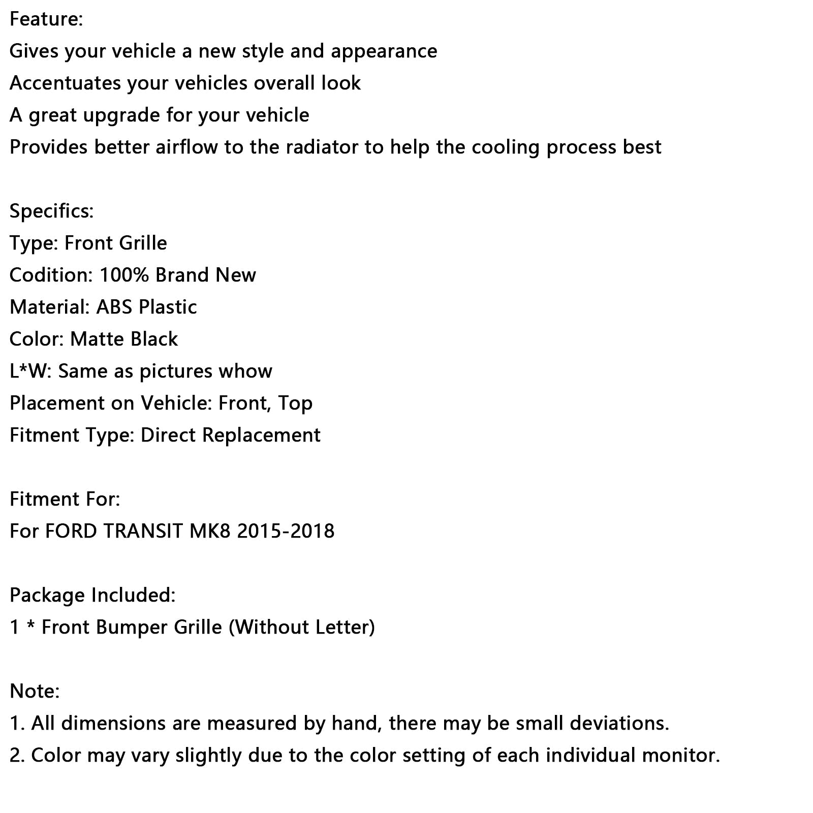 Musta etupuskurin ruudukko kaveri Ford Transit MK8 Raptor 2015-2018