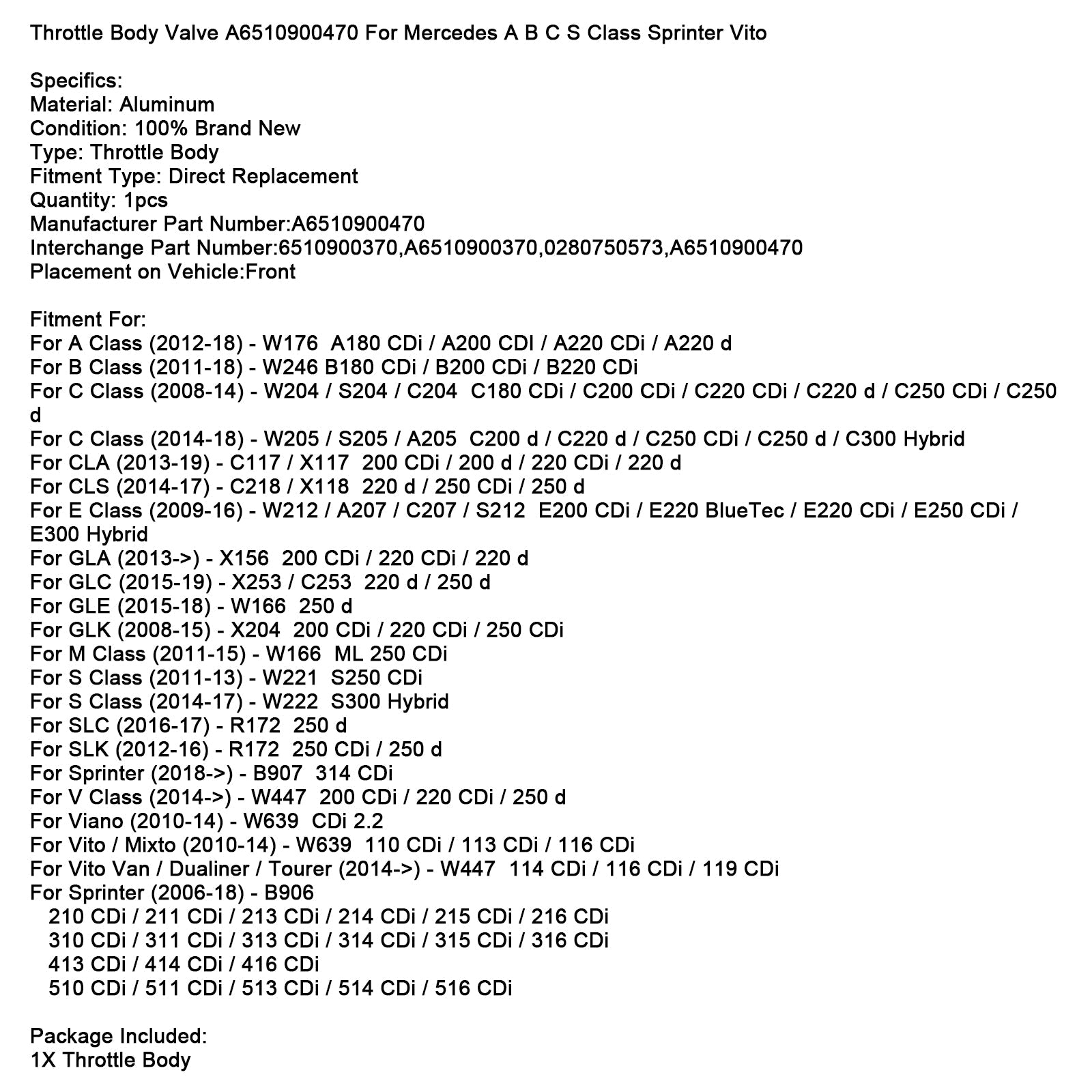 Metuljasti ventil A6510900470 za Mercedes Benz GLE W166 250 dni 2015–2018