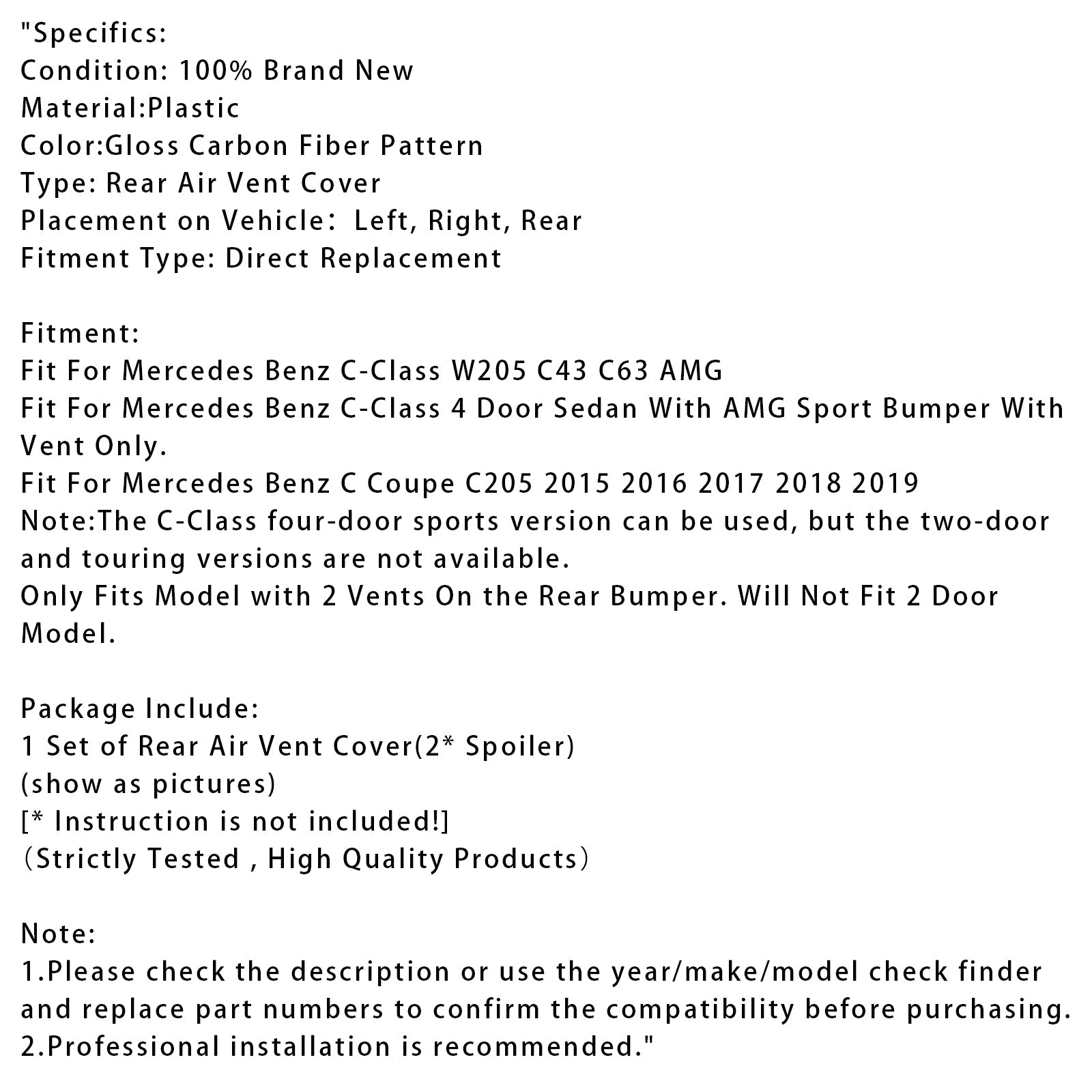 Copertura della presa d'aria posteriore in fibra di carbonio per Mercedes Classe C W205 C43 C63 2014-2019