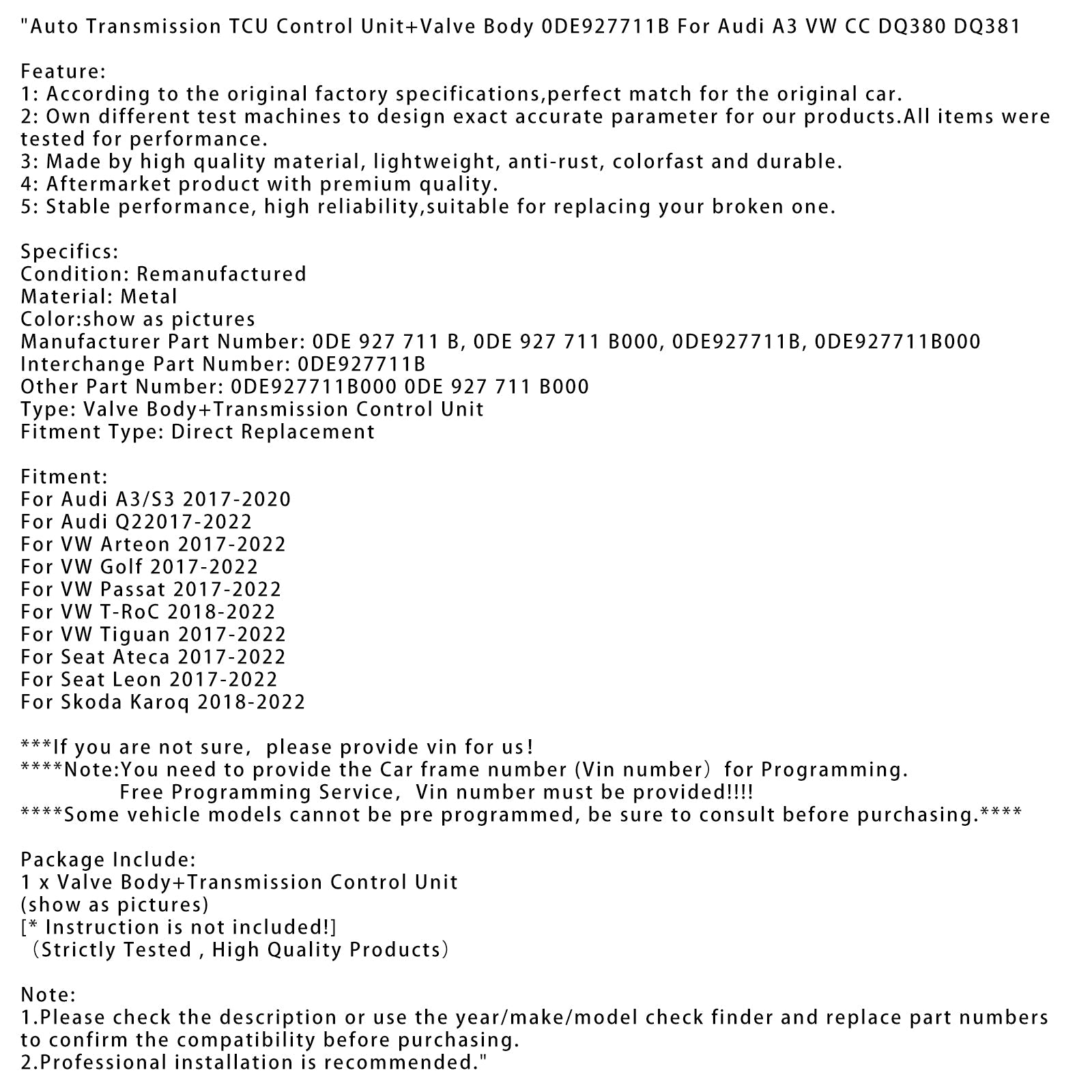 Unité de commande de transmission automatique TCU + corps de soupape 0DE927711B 0DE 927 711 B pour VW T-RoC 2018-2022