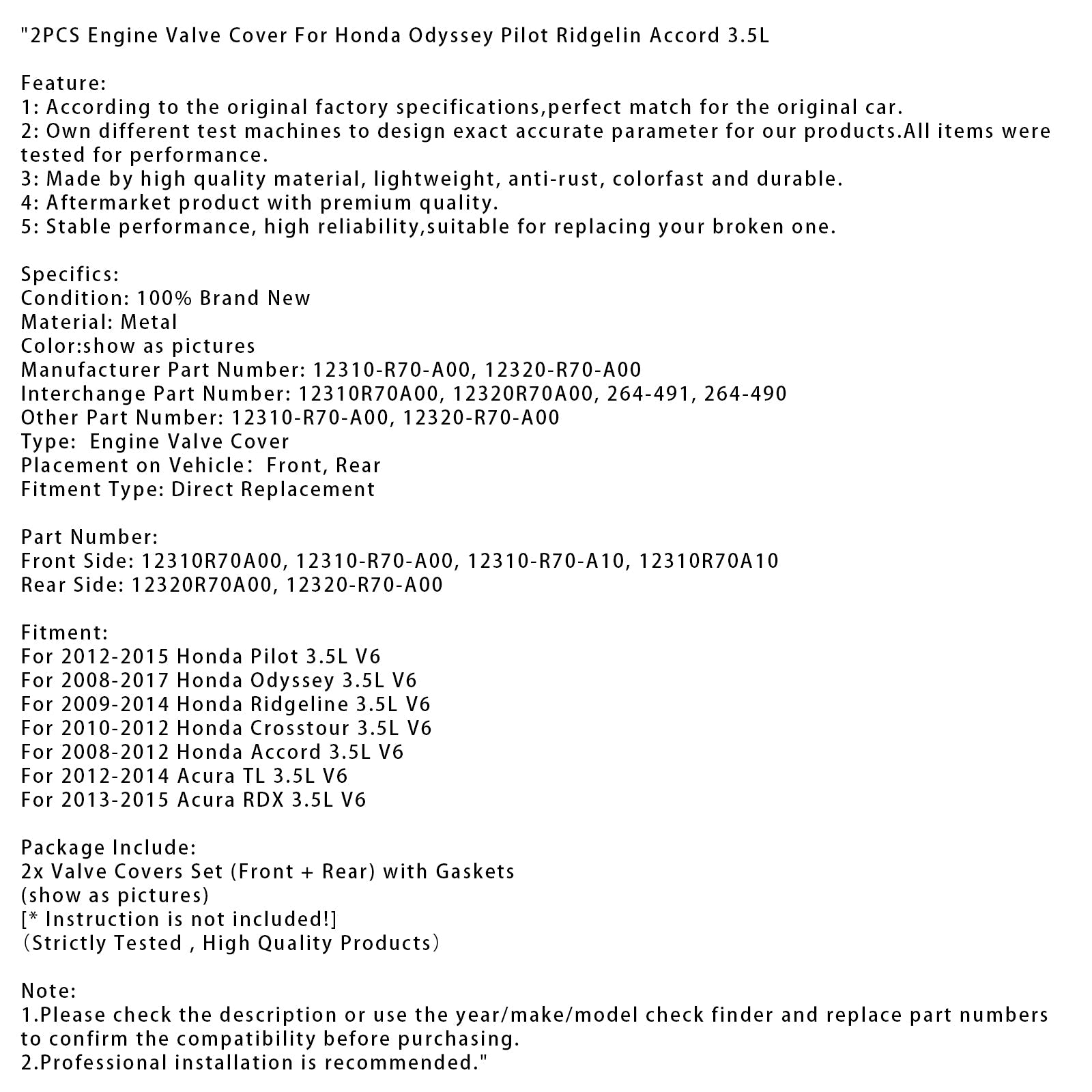 Couvercle de soupape de moteur avant et arrière 2 pièces pour Honda Accord 3,5 L V6 2008-2012 12310R70A00 12310R70A10