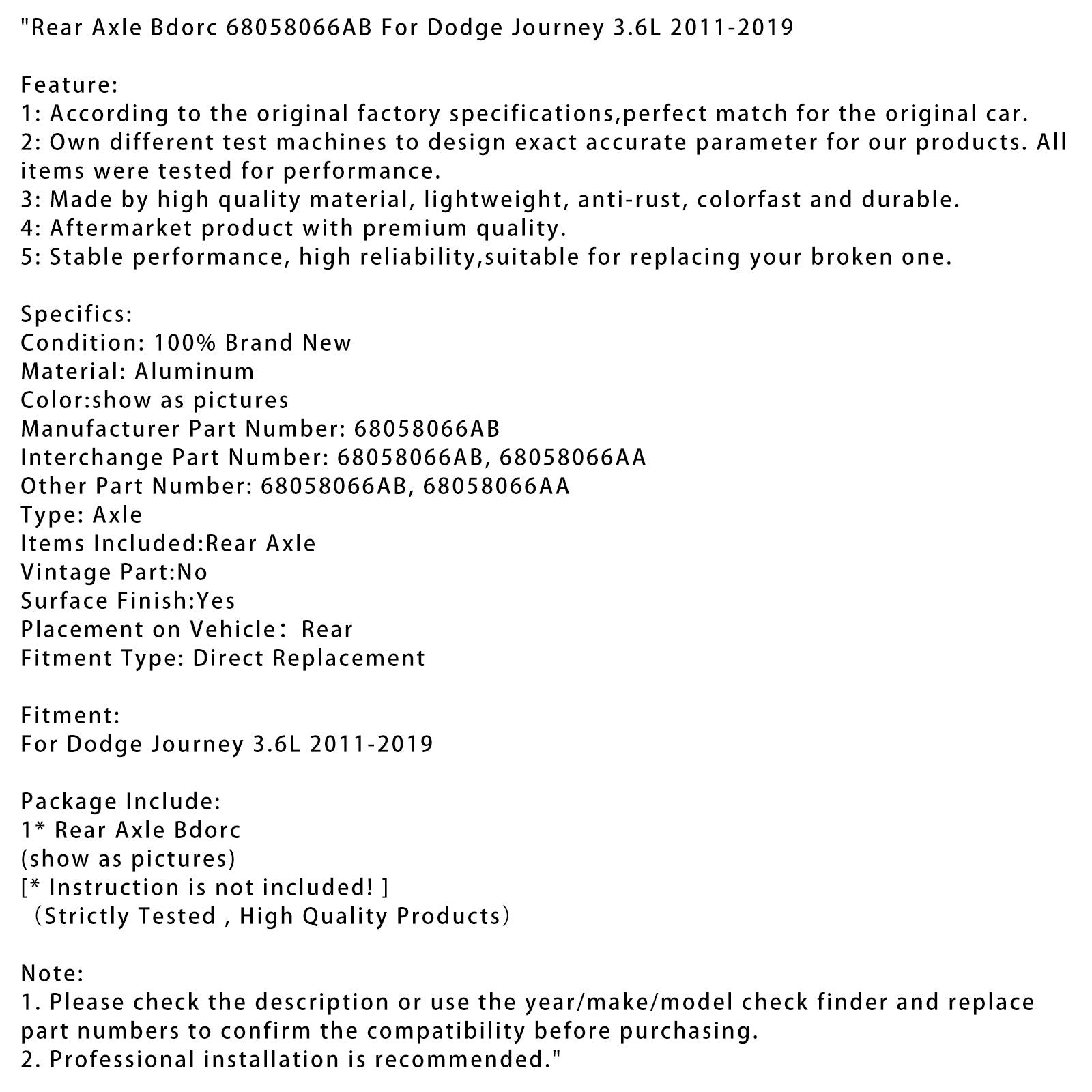 Pont arrière Bdorc 68058066AB pour Dodge Journey 3,6 L 2011-2019