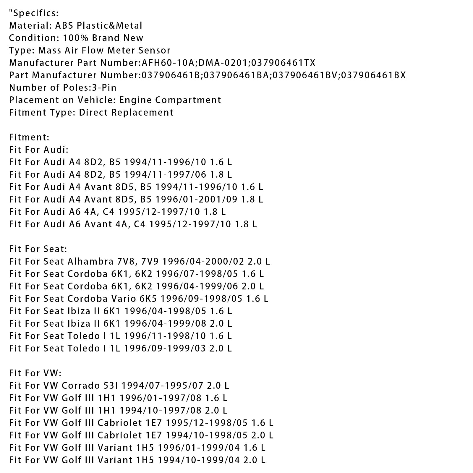 Sensor del medidor de flujo d'masa de aire para Audi A4, VW Golf III Cabriolet Corrado 037906461B