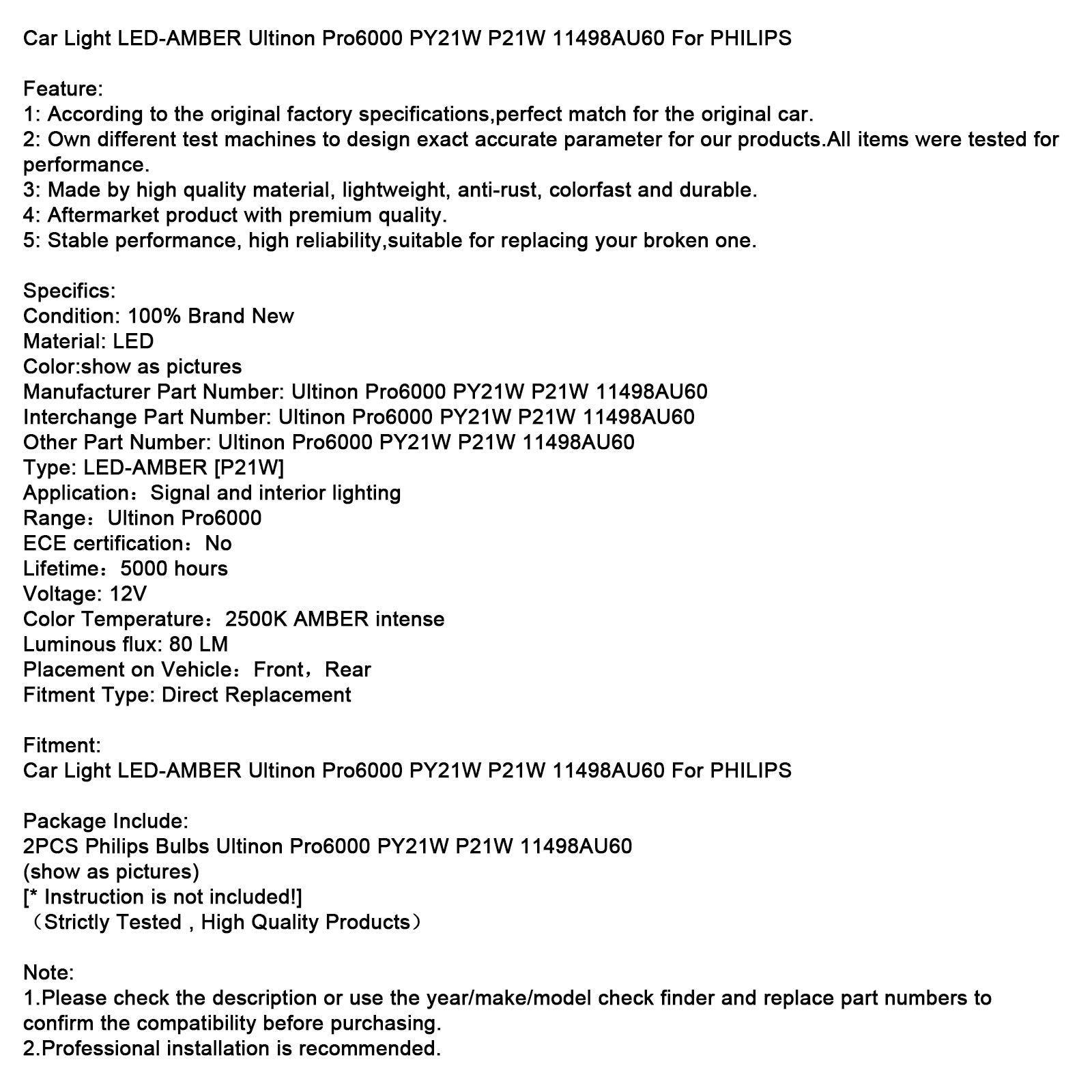 Phare de voiture LED AMBRE Ultinon Pro6000 PY21W P21W 11498AU60 pour PHILIPS