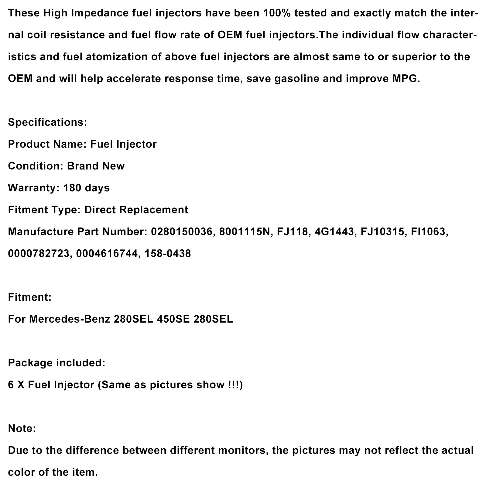 Injecteur de carburant 6 pièces 0280150036 pour Mercedes-Benz 280SEL 450SE 280SEL 4,5 L V8