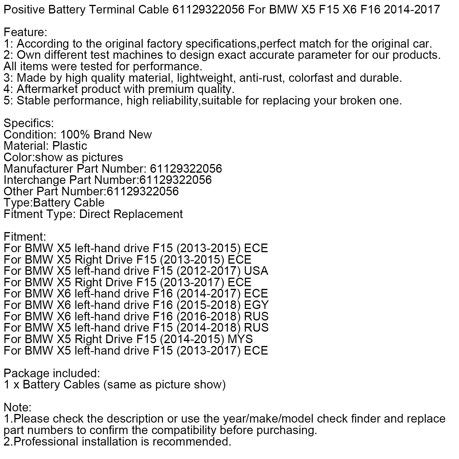 Kabel pozitivnega priključka baterije 61129322056 za BMW X5 F15 X6 F16 2014-2017