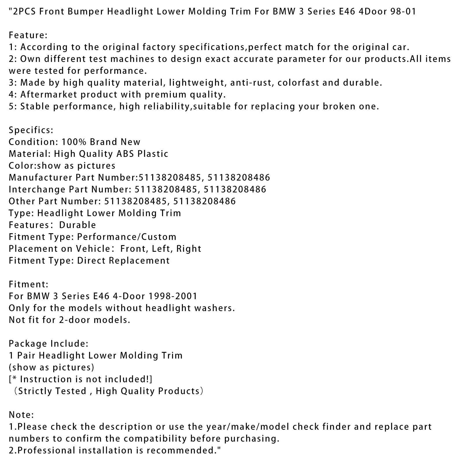 1998-2001 BMW 3 E46 Serie 4 Puertas 2 habitaciones Faros inferiores delanteros