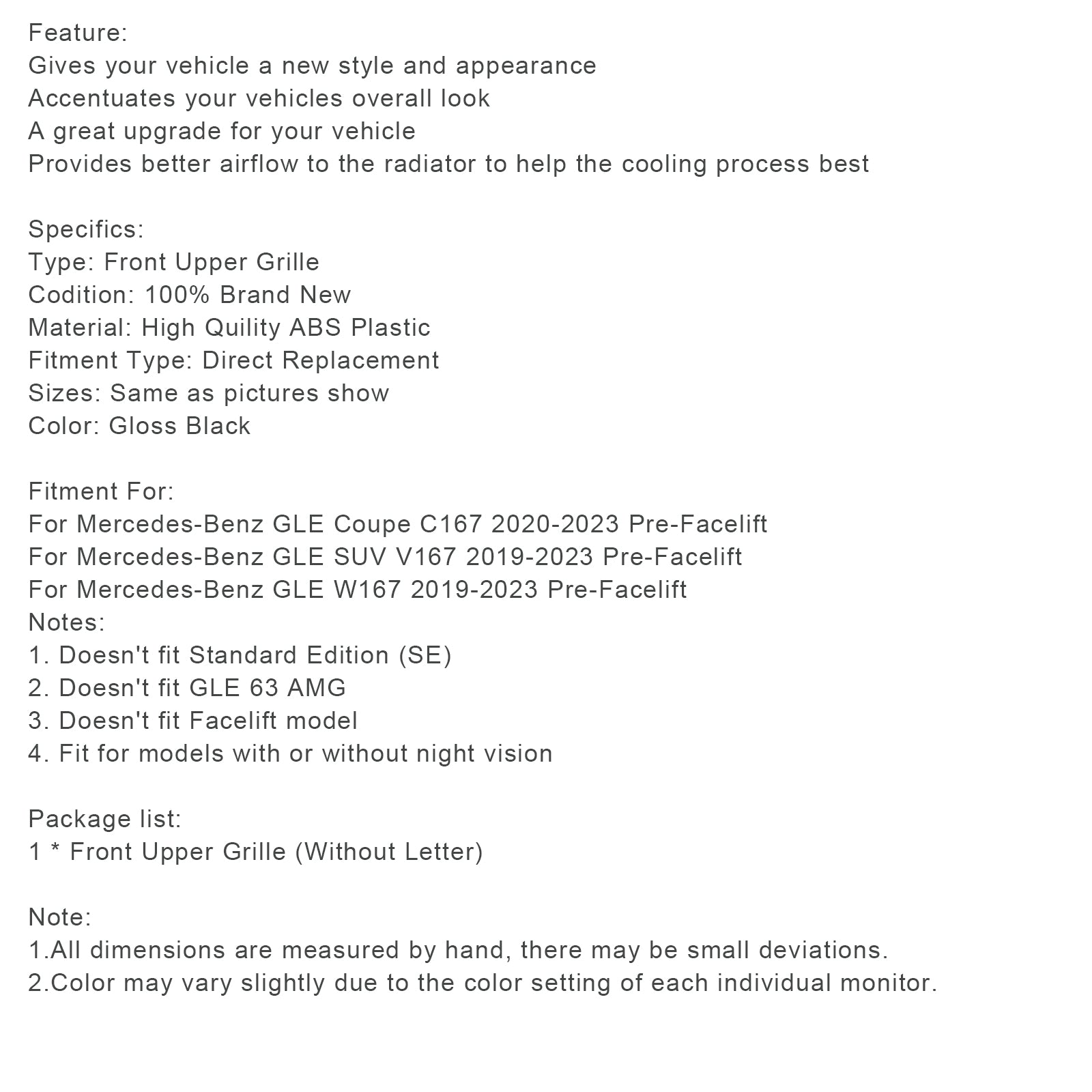 Mercedes-Benz GLE sijajno črna sprednja maska W167 pred prenovo 2019–2023