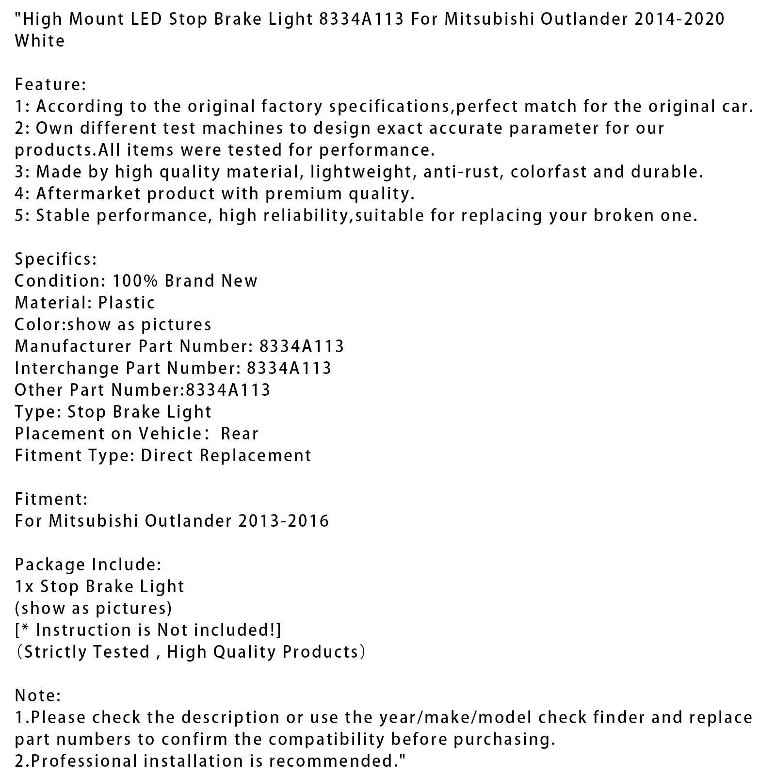 Luz de freno LED blanca de montaje alto 8334A113 para Mitsubishi Outlander 2013-2016