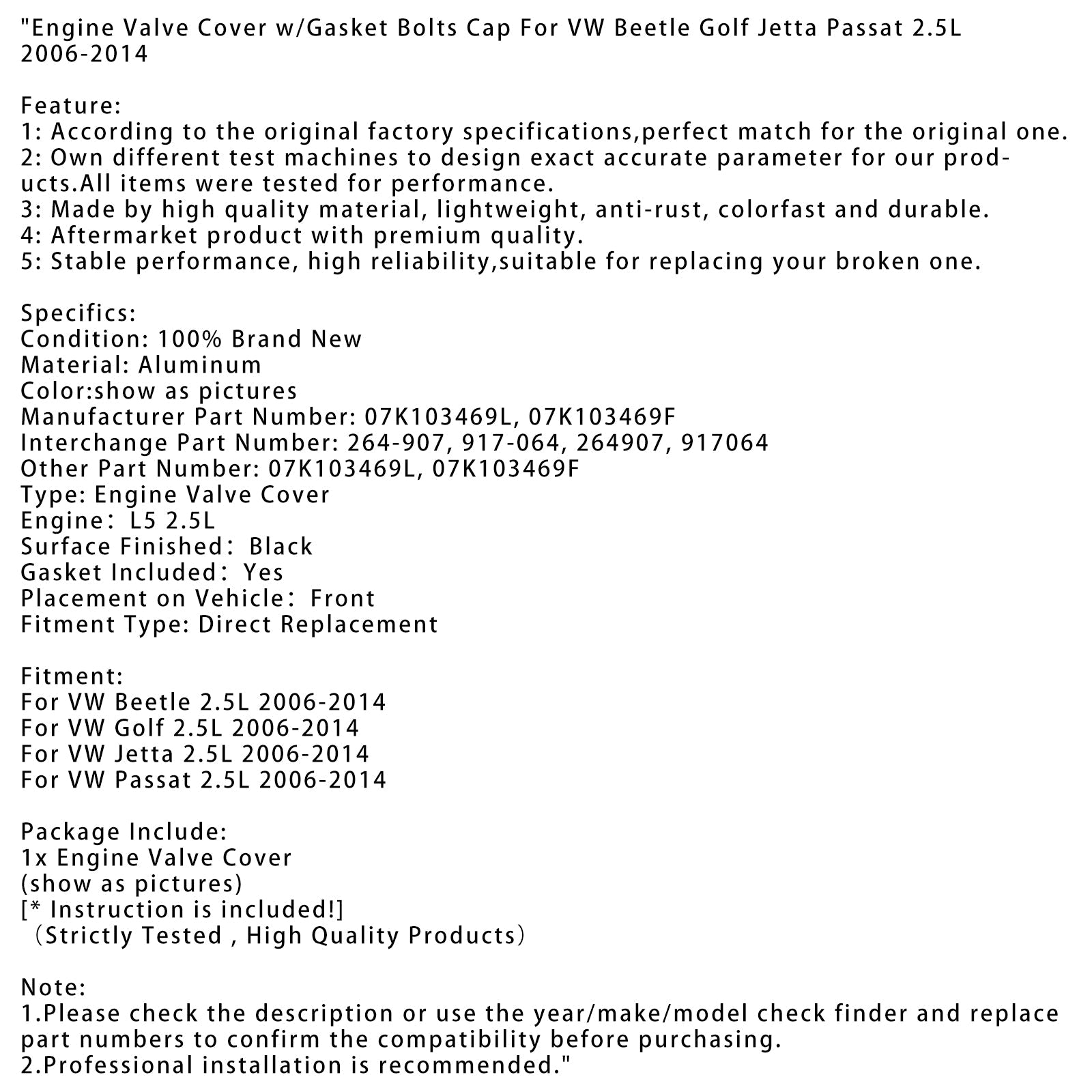 Couvercle de soupape de moteur VW Jetta 2.5L 2006-2014 avec boulons de joint 07K103469L 07K103469L