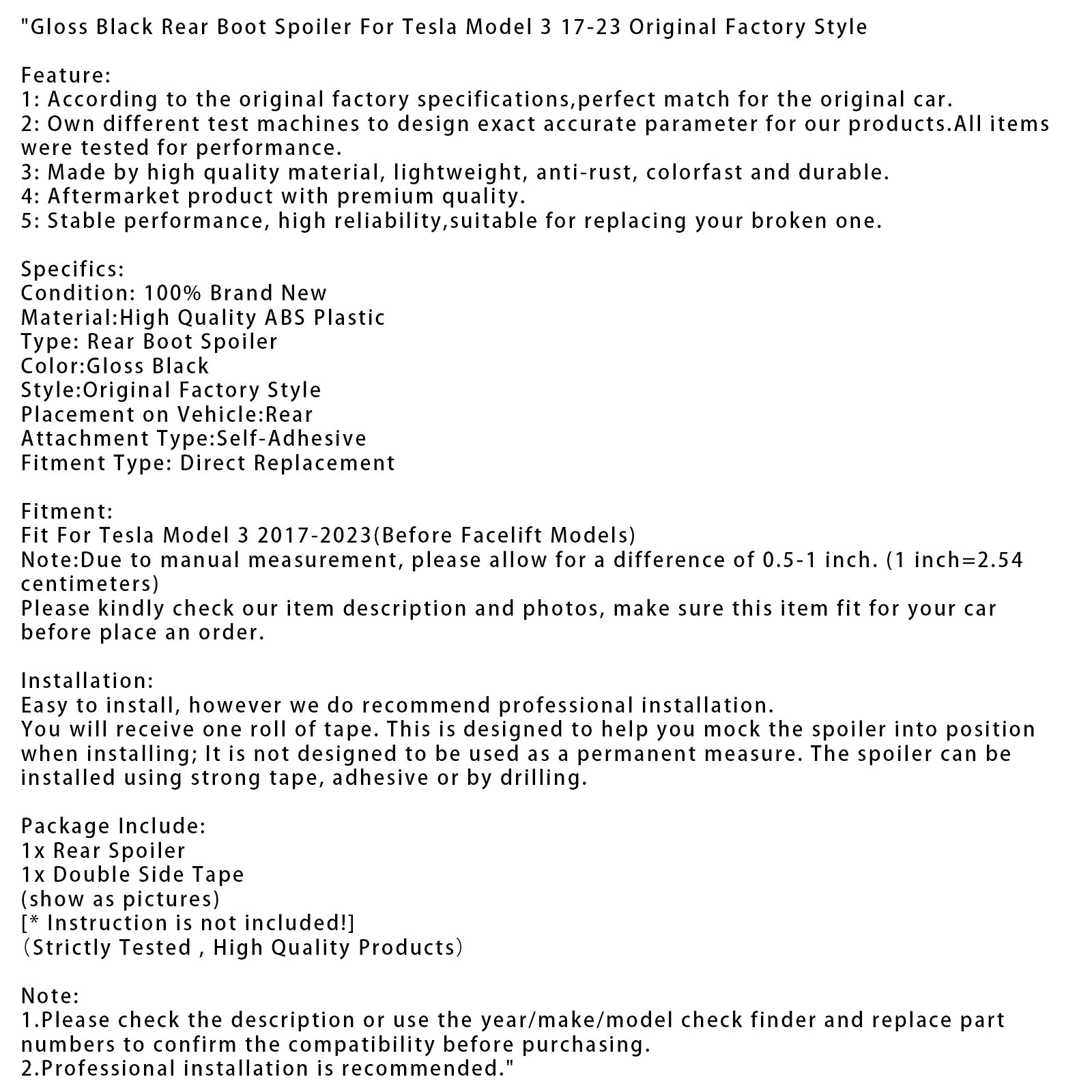 Sijajno črn zadnji spojler za Tesla Model 3 17-23, Style D'izvor