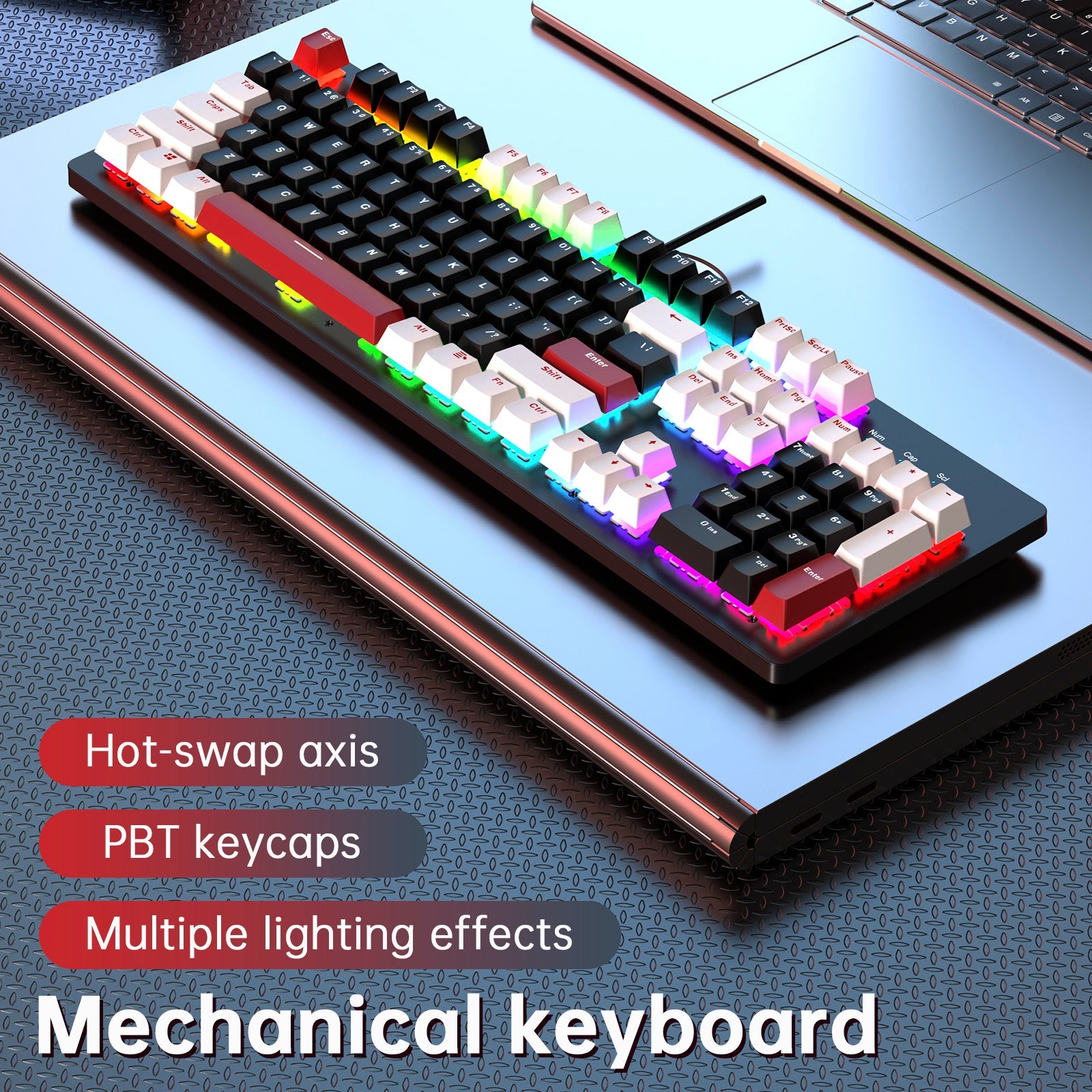 Teclado mecánico para juegos con cable de 104 teclas con interruptores lineales azules y retroiluminación RGB