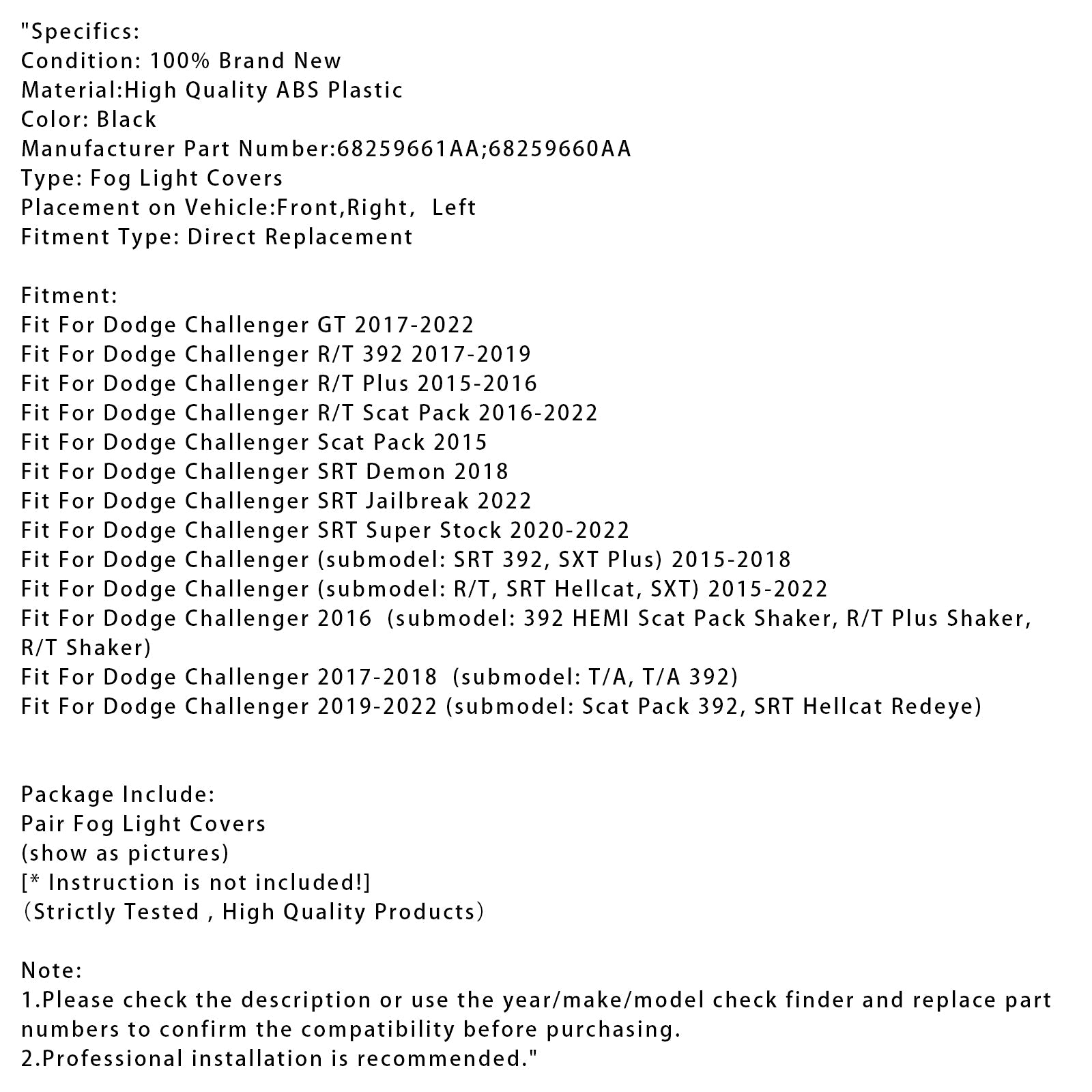 Paire de caches antibrouillard pour Dodge Challenger 2015-2022 68259661AA