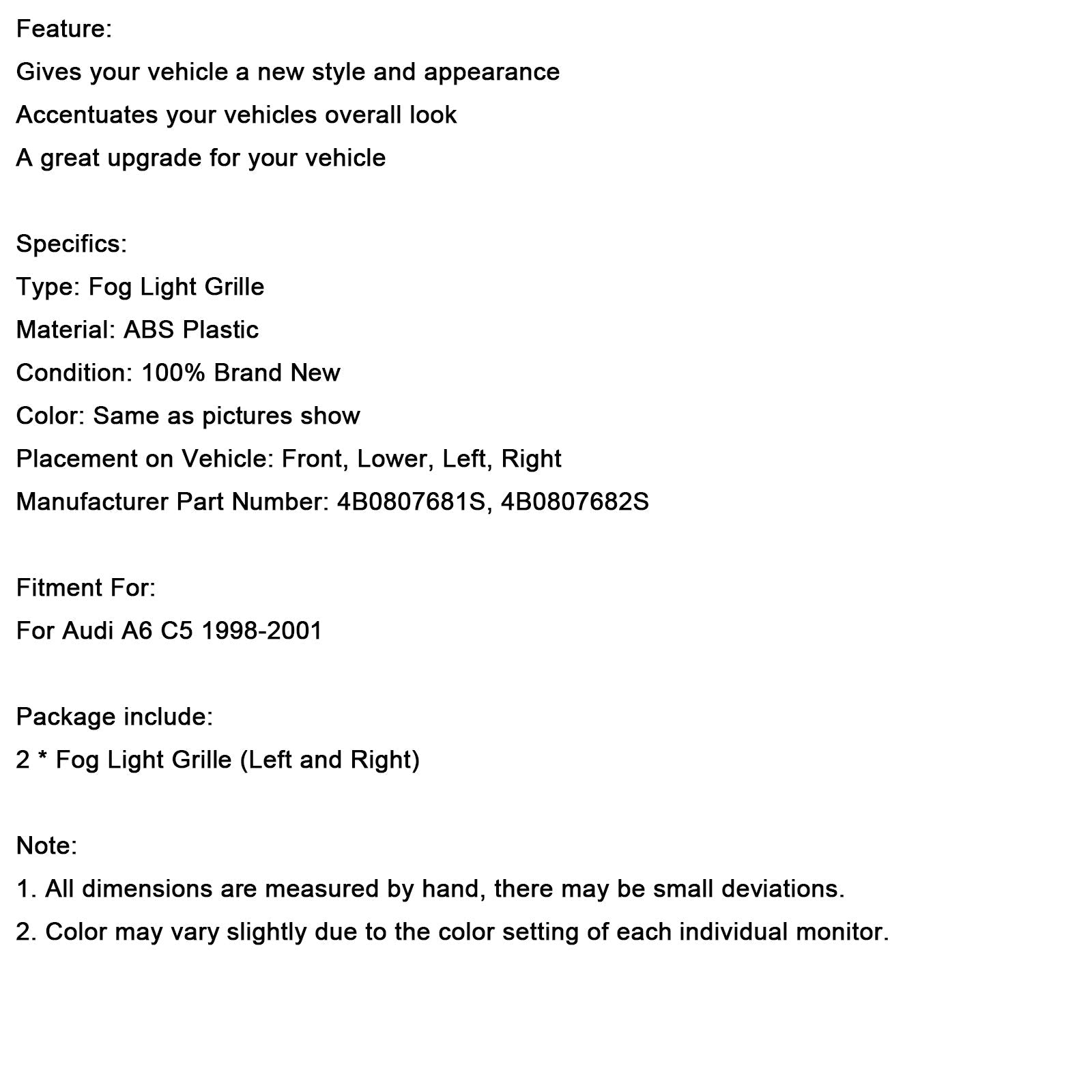 Beschermende rooster voor mistlichten voor onderste bumpers Audi A6 C5 1998-2001 (2 stuks)