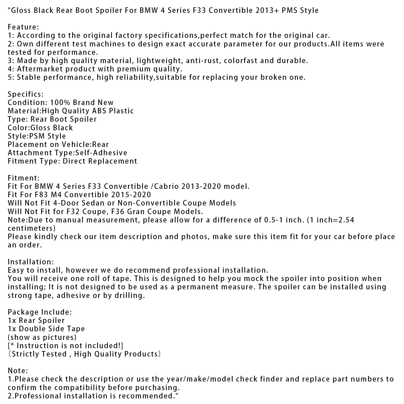 Sijajno črn zadnji spojler za BMW M4 kabriolet F83 (2015-2020)