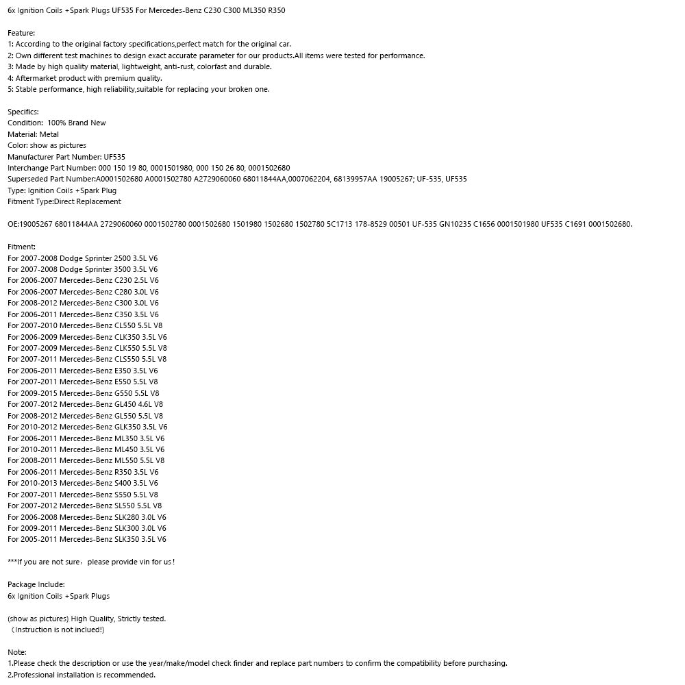 6x cewki zapłonowe + świece zapłonowe UF535 dla Mercedes-Benz C230 C300 ML350 R350