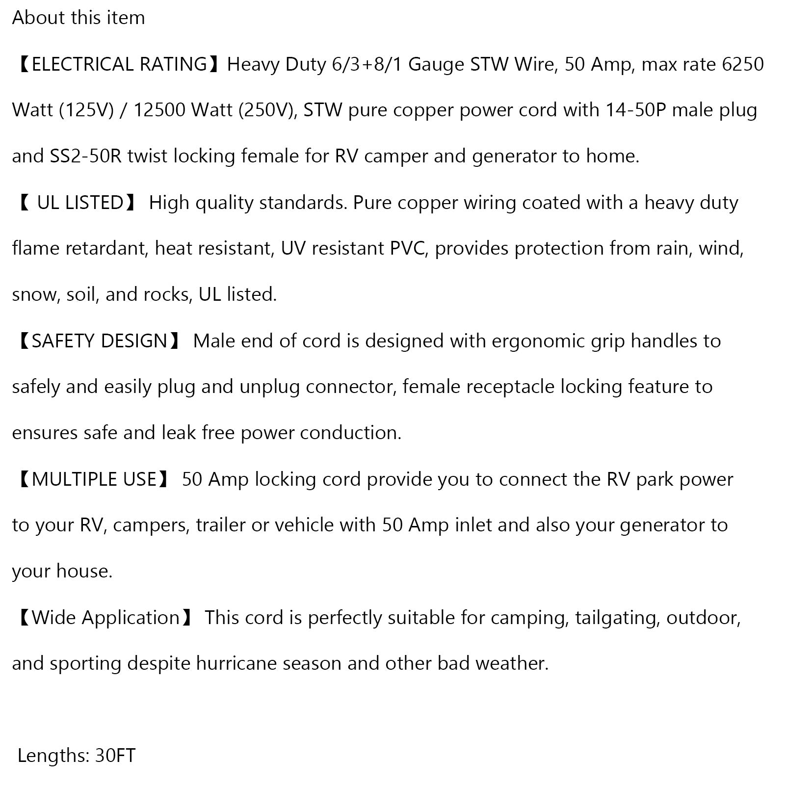 UL-gecertificeerd 50 Amp. 9 meter RV/generatorsnoer met vergrendelbare RV-connector