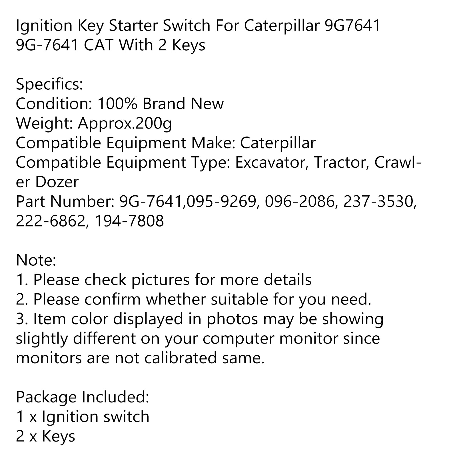 Interrupteur De Démarrage À Clé De Contact Avec 2 Clés Pour Caterpillar 9G7641