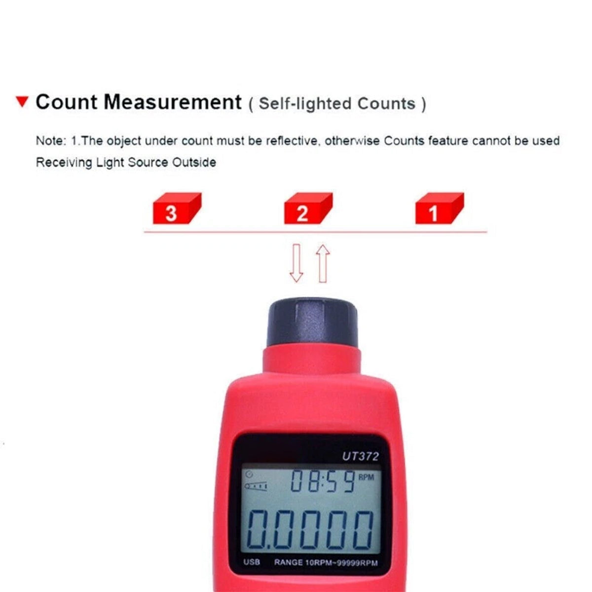 Tachymètre numérique laser sans contact UT372, mesure de vitesse de rotation jusqu'à 99 999 tr/min