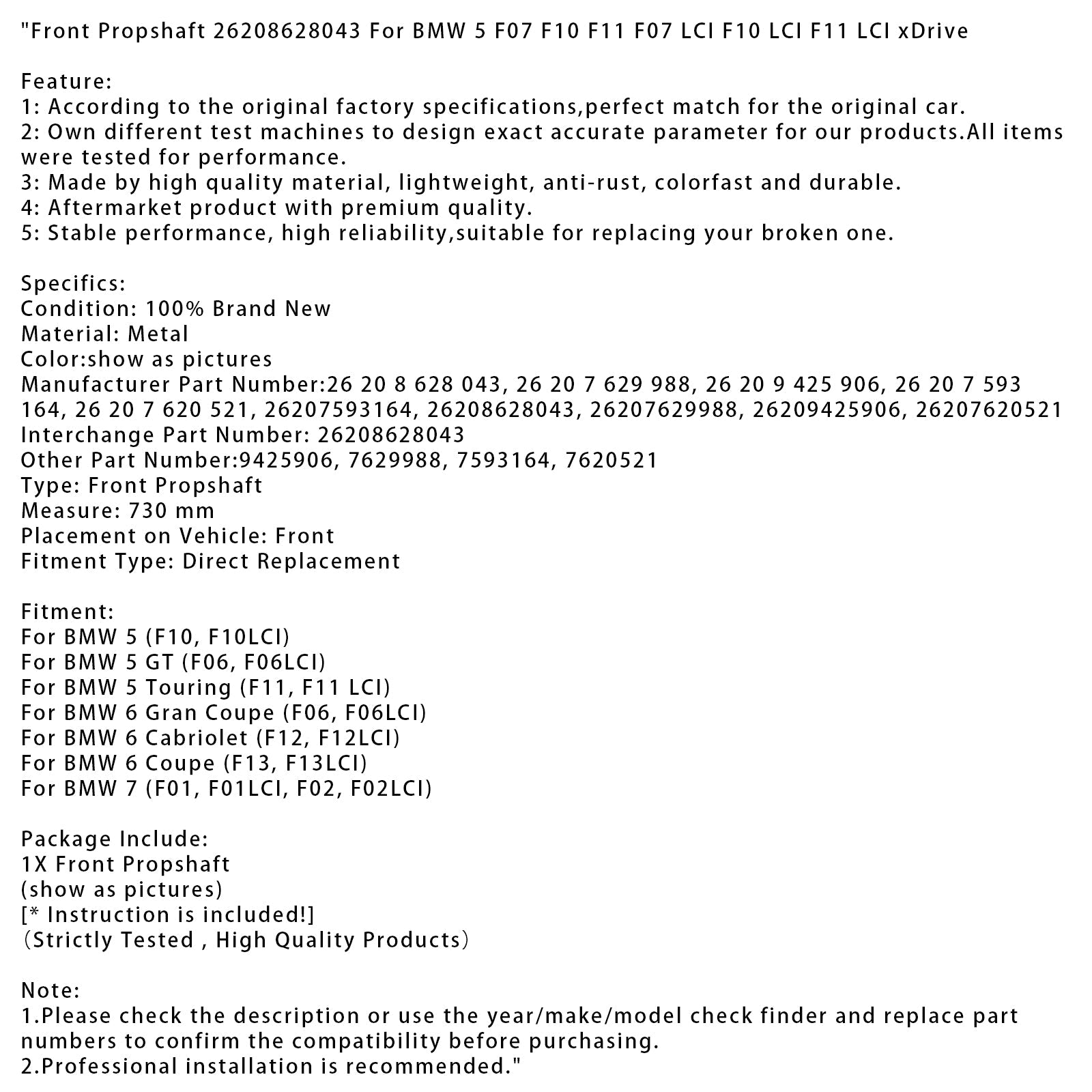 Árbol de transmisión frontal BMW 5 F07 F10 F11 F07 F10 F11 LCI XDRive 26208628043