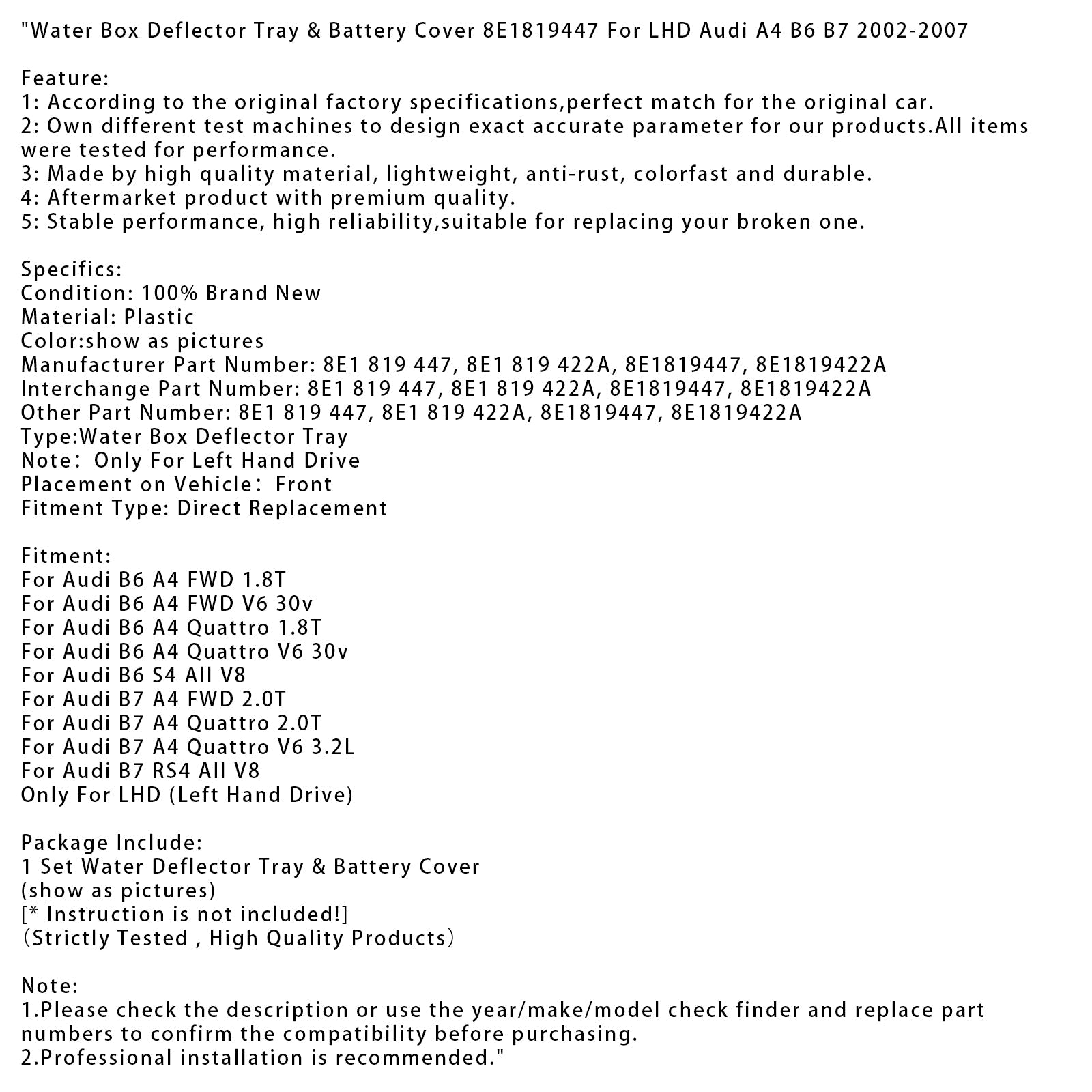 Couvercle de batterie et déflecteur de boîte à eau 8E1819447 pour Audi A4 B6 B7 (2002-2007)