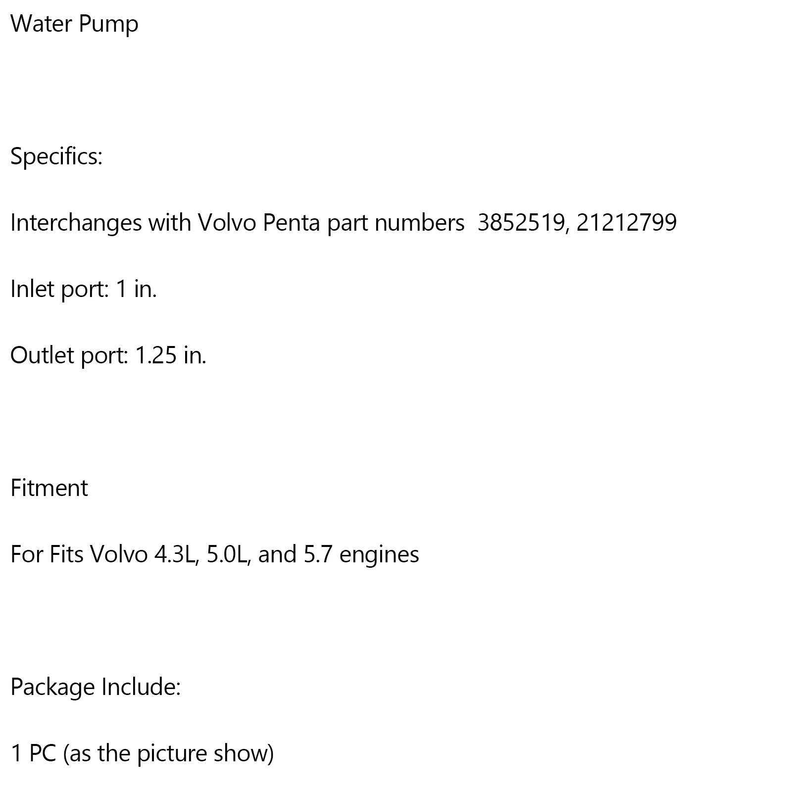 Pompa acqua di mare grezza VOLVO PENTA 4.3L 5.0L 5.7L (sostituisce i codici 21212799 e 3812519)