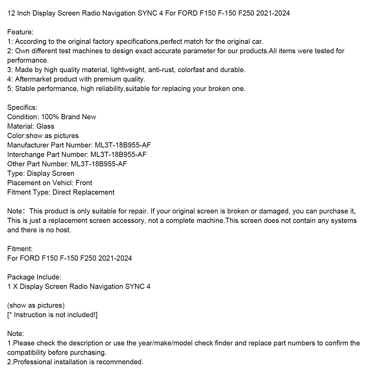 2021-2024 FORD F150 F-150 F250 Display da 12 pollici Radio Navigazione SYNC 4 ML3T-18B955-AF