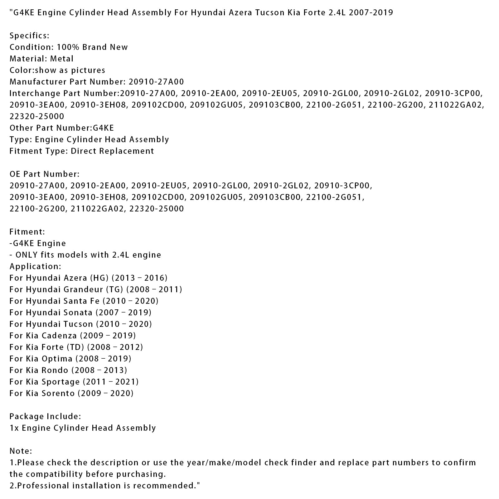 Hyundai Azera (HG) G4KE 2013-2016 20910-27A00 22320-25000 Testa di cilindro del motore