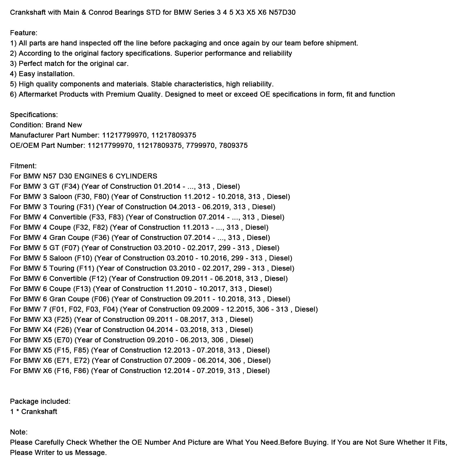 Vilebrequin avec paliers principaux et de bielle STD pour BMW Série 3 4 5 X3 X5 X6 N57D30