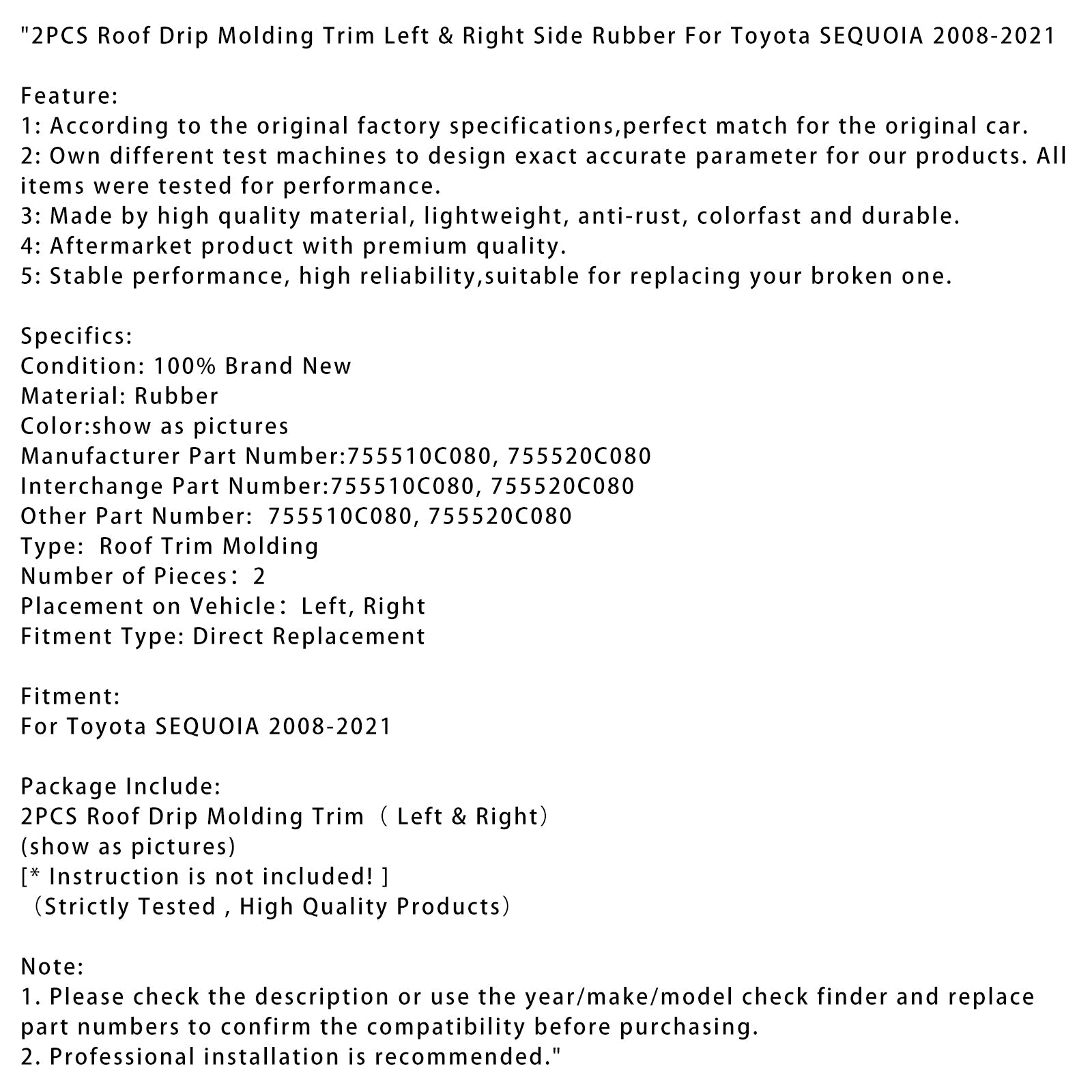 2 kosa gumijaste strehe za Toyota Sequoia 2008-2021, levi in desni strani