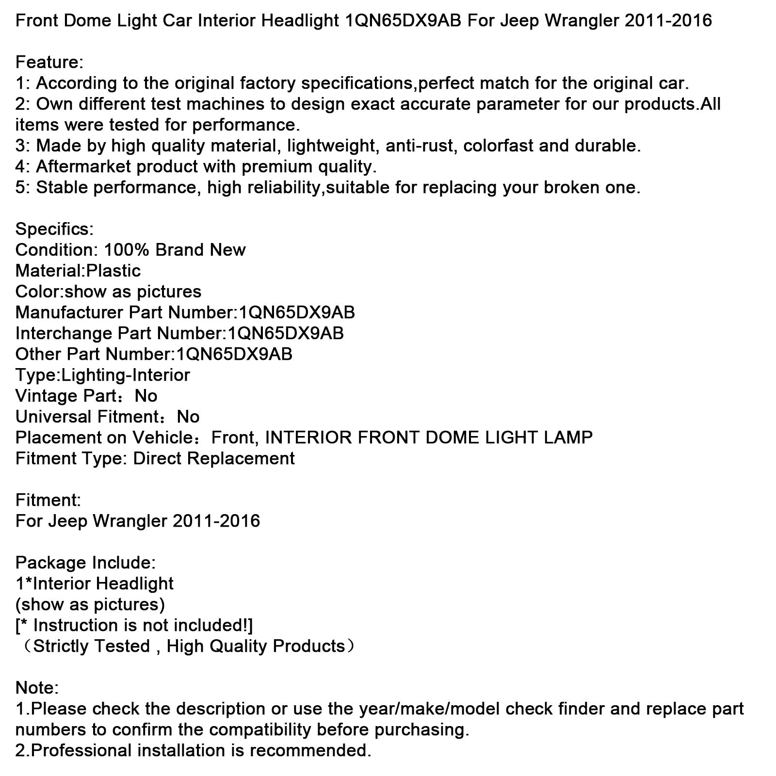 Plafondlamp vooraan voor Jeep Wrangler 2011-2016 (referentie 1QN65DX9AB)