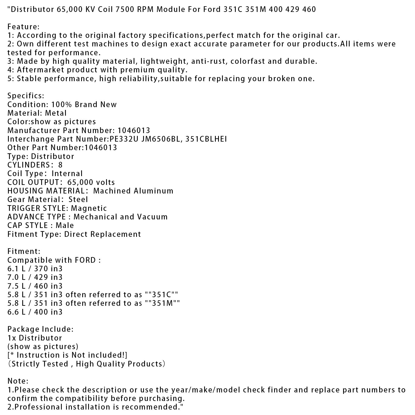 Modulo Bobina Accensione 65 000 kV 7 500 giri/min per Ford 351C, 351M, 400, 429 e 460